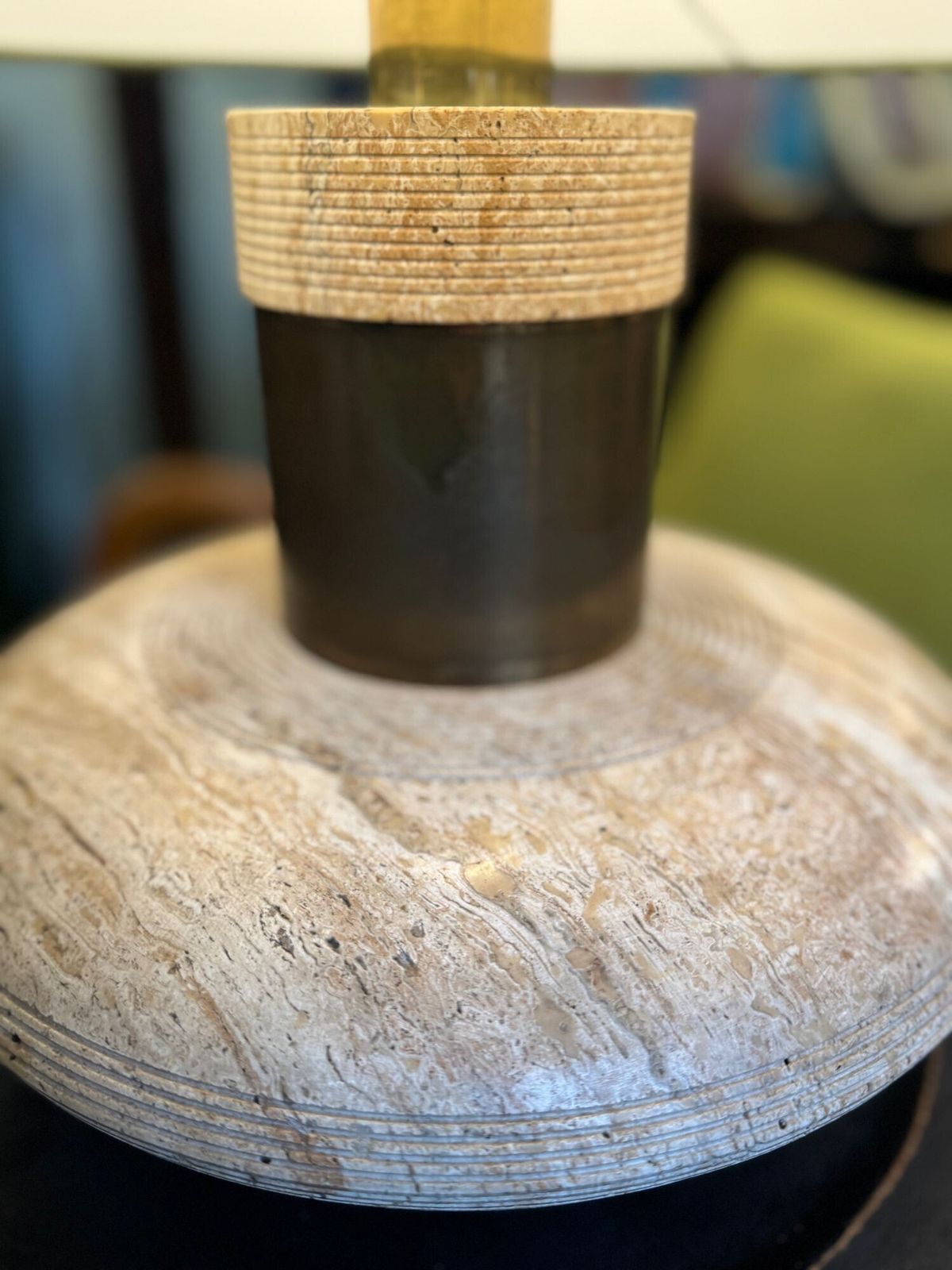 A Large 1970s Elliptical Italian Travertine And Brass Lamp By Fratelli Mannelli photo Lighting
