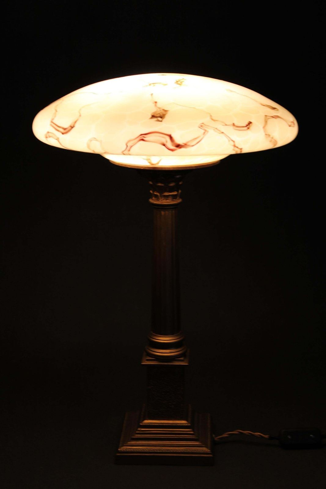 1940s Restored Brass Table Lamp With Wooden Base And Glass Shade photo vintage