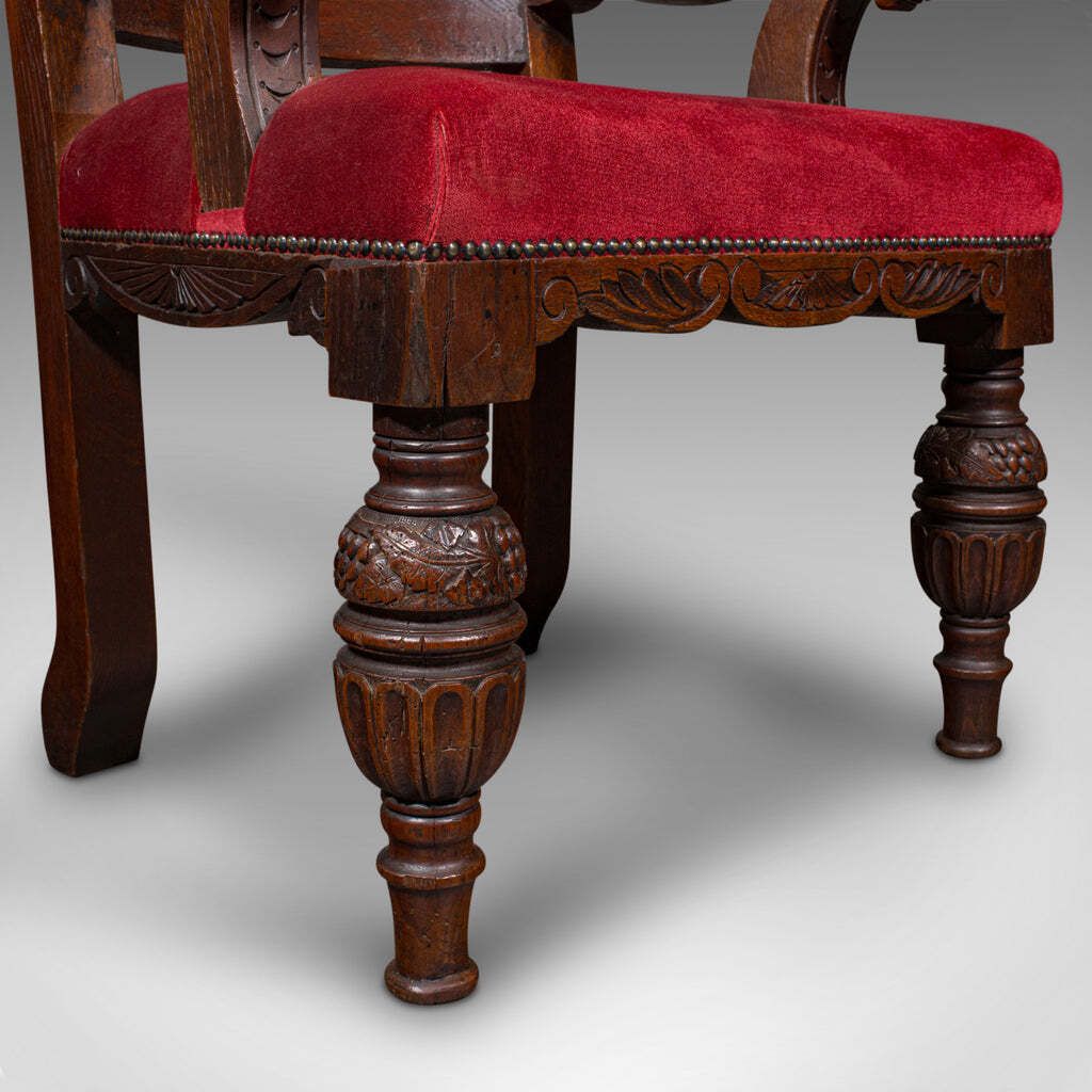 Furniture Antique Morning Room Elbow Chair, Scottish, Oak, Gothic Revival Seat, Victorian photo