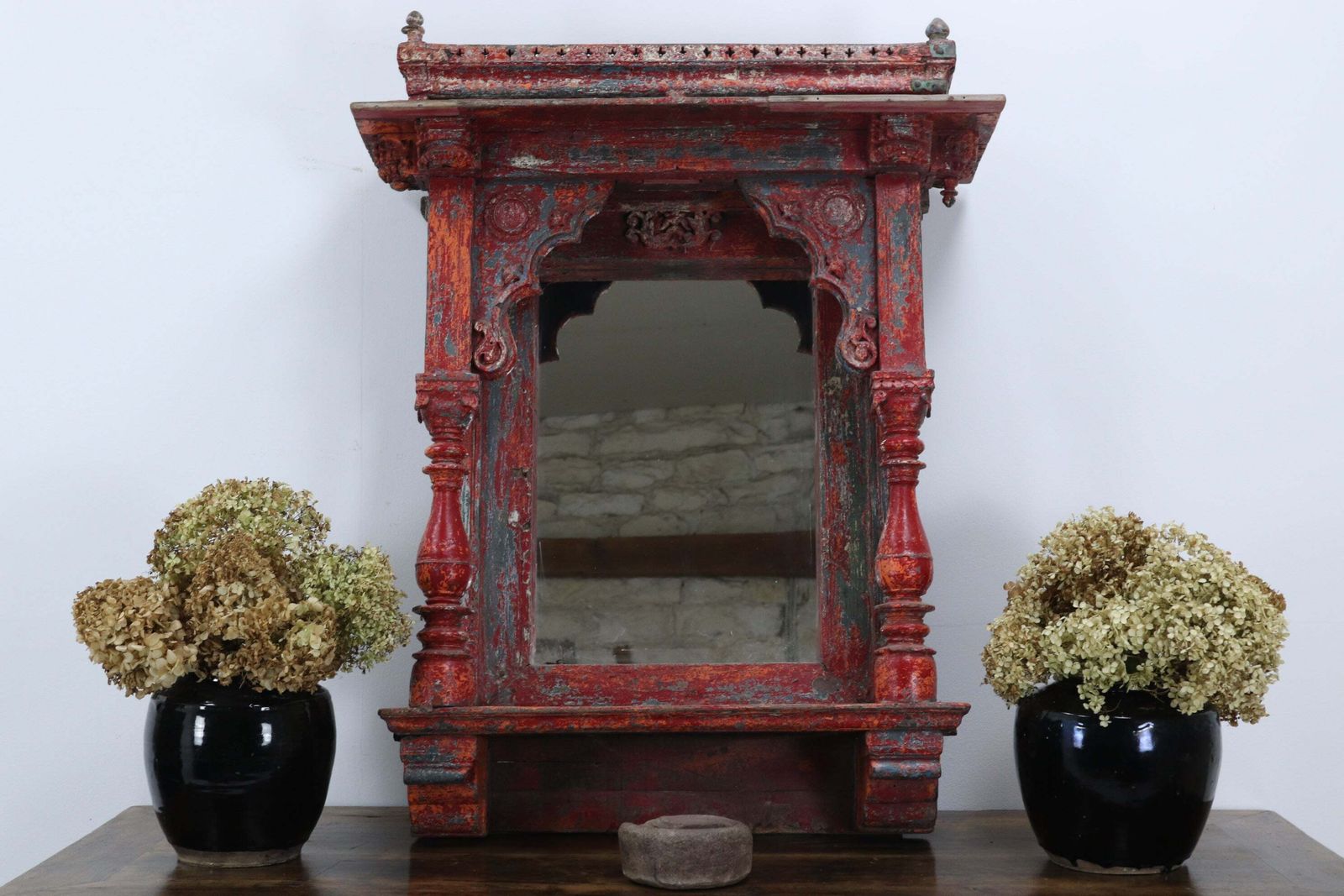 Early 19th Century Polychromed Indian Hand Carved Mirrored Shrine (2) photo furniture