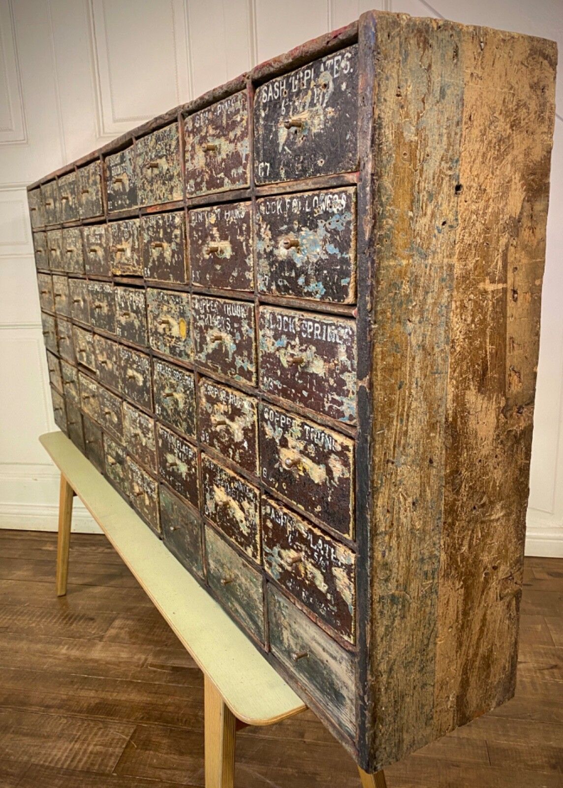 Antique English Large Bank Of 48 Ironmongers Shop Drawers. Industrial Storage. photo furniture