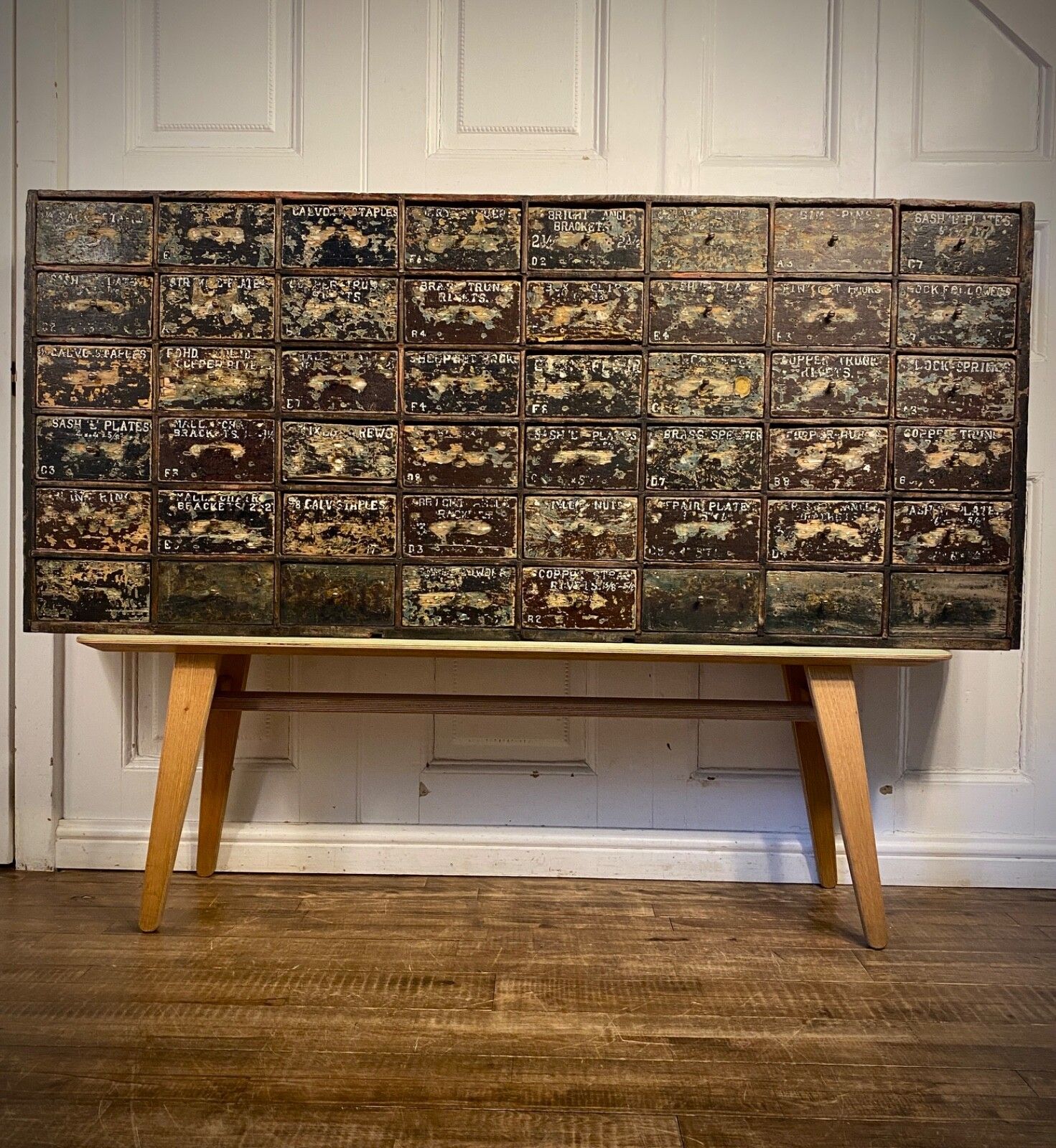 Antique English Large Bank Of 48 Ironmongers Shop Drawers. Industrial Storage. photo for sale