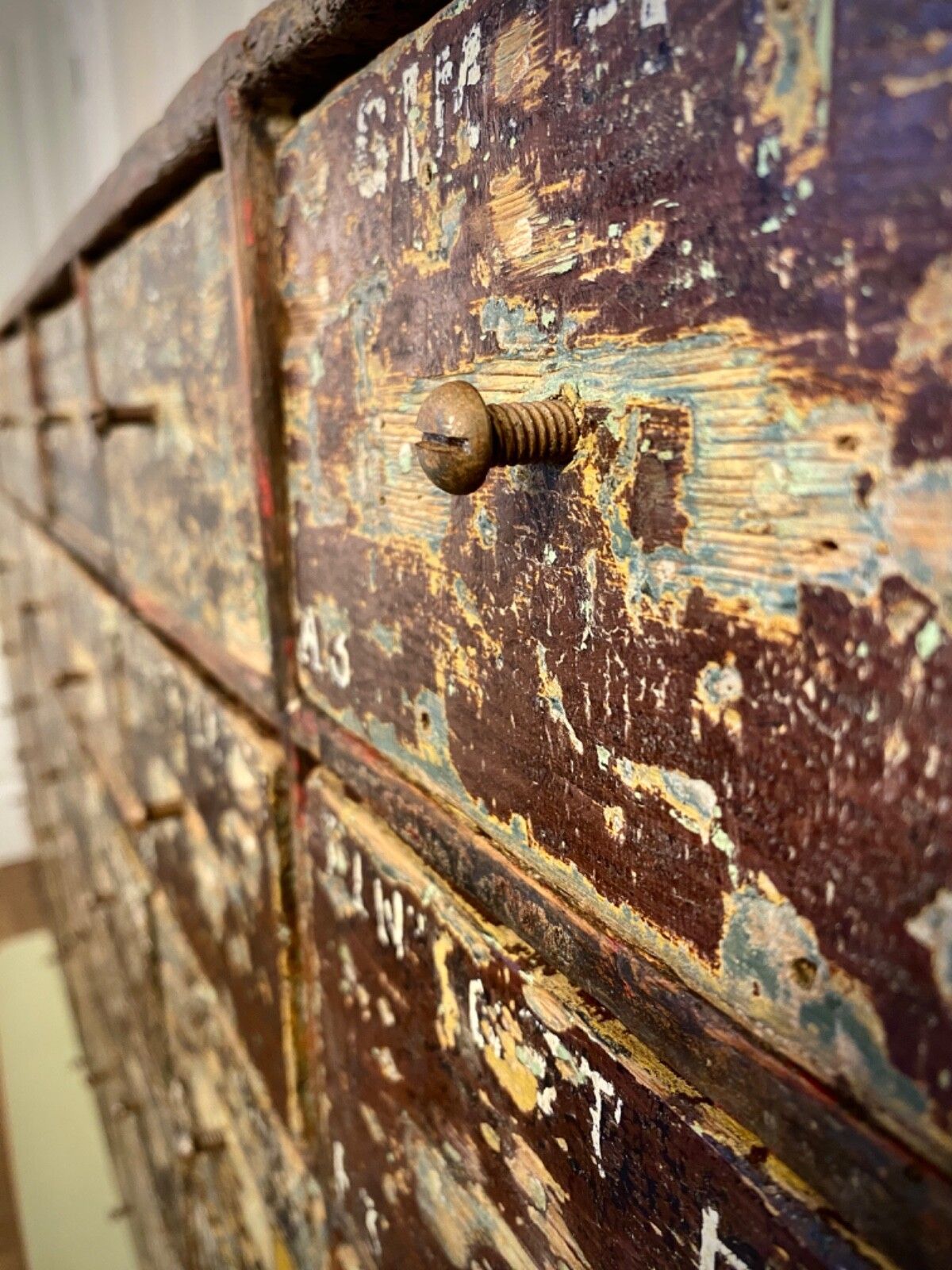 Furniture Antique English Large Bank Of 48 Ironmongers Shop Drawers. Industrial Storage. photo