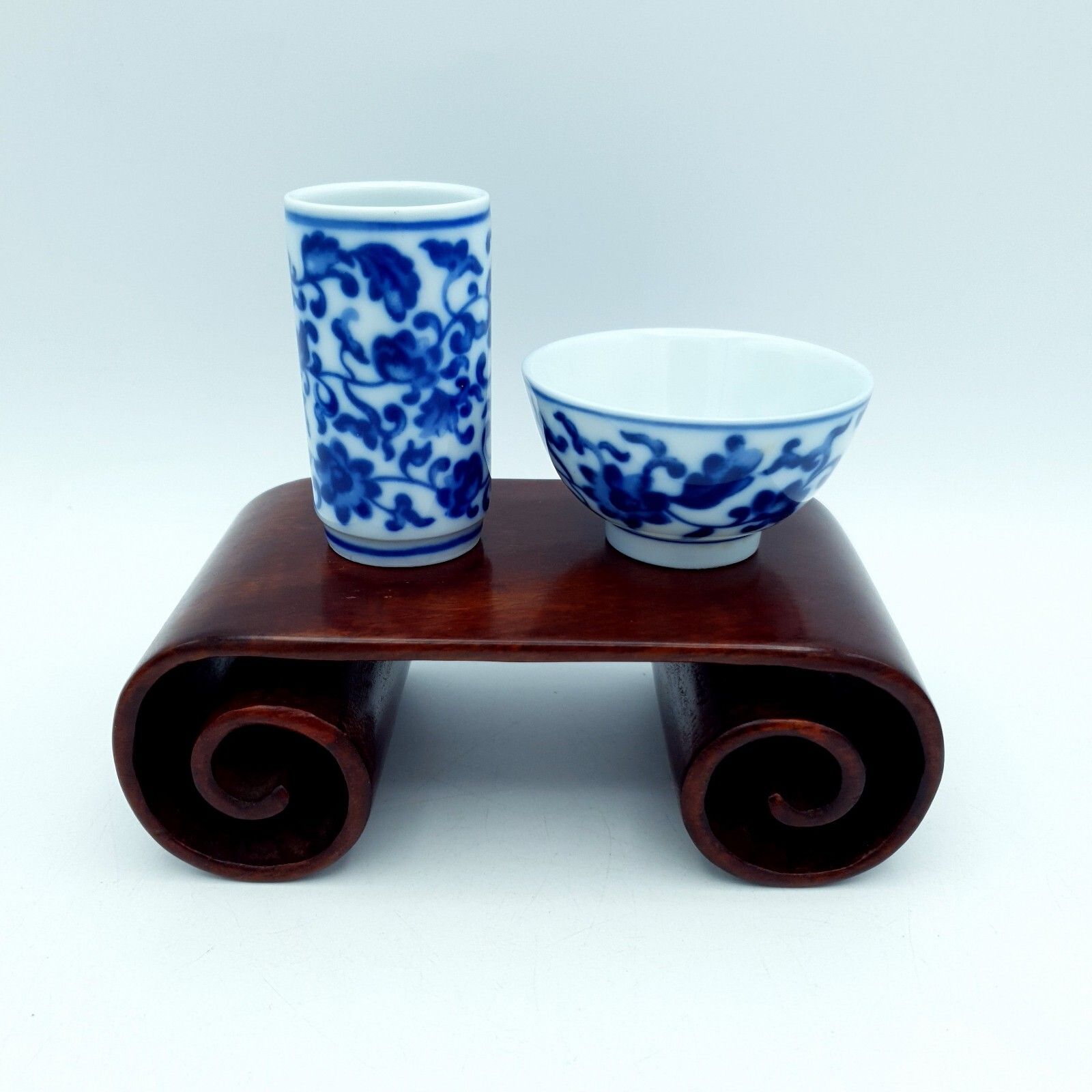 Chinese Tea Wine Tasting Set Wood Scroll Base Da Qing Guangxu Nian Zhi Repro