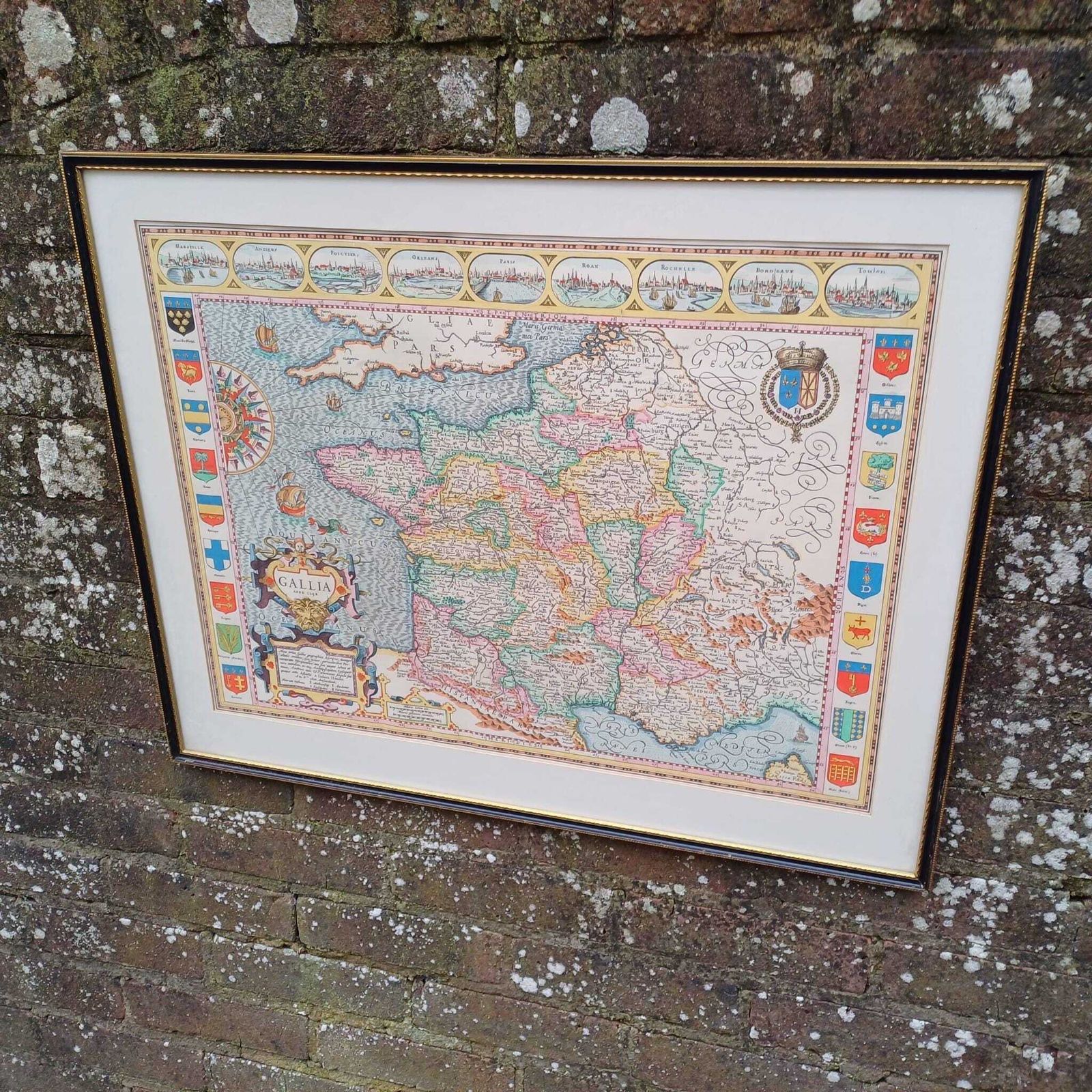 Large Vintage Map Of France (Gallia) Anno 1598 In Glazed Vintage Black And Gold Frame   Approx 54cm X 68cm photo for sale
