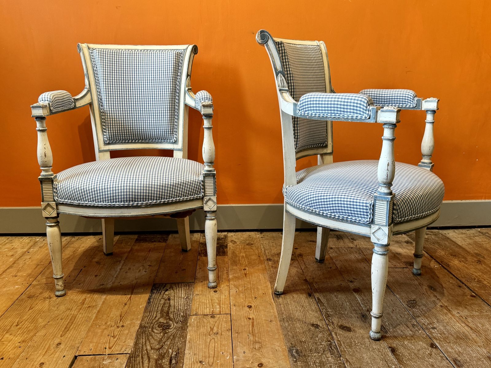 Pair Of Vintage French Painted Armchairs Upholstered In Blue & White Check Linen photo furniture