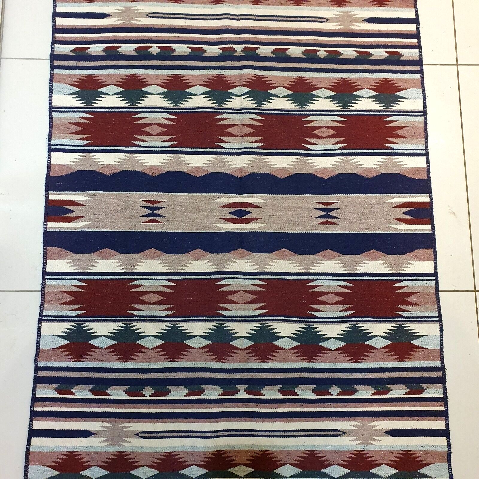Handwoven Mexican Zapotec Wool Rug Geometric Pattern Mid Century 58" X 39" Vtg photo for sale