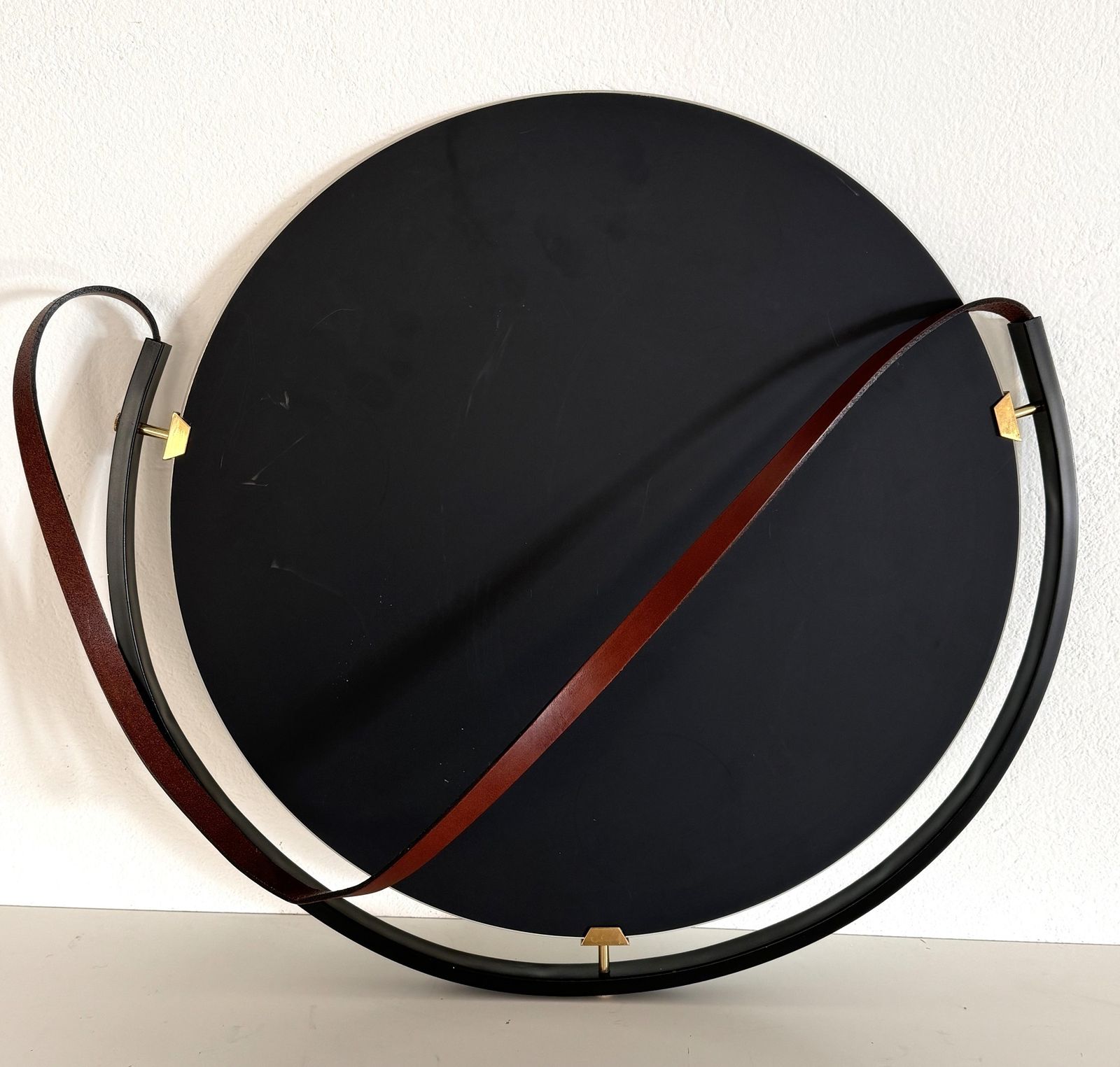 Italian Floating Wall Mirror With Leather Strap And Brass Details, 1960s photo furniture