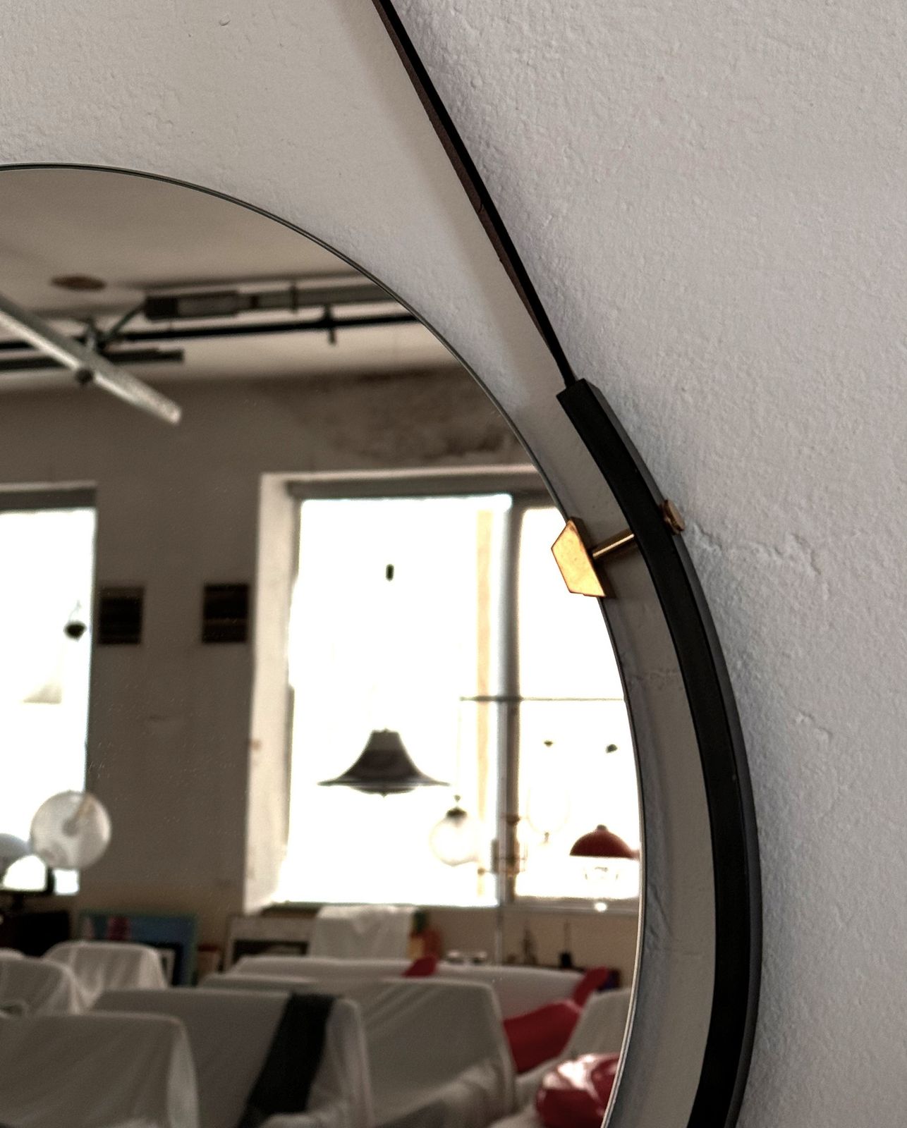 Italian Floating Wall Mirror With Leather Strap And Brass Details, 1960s photo buy