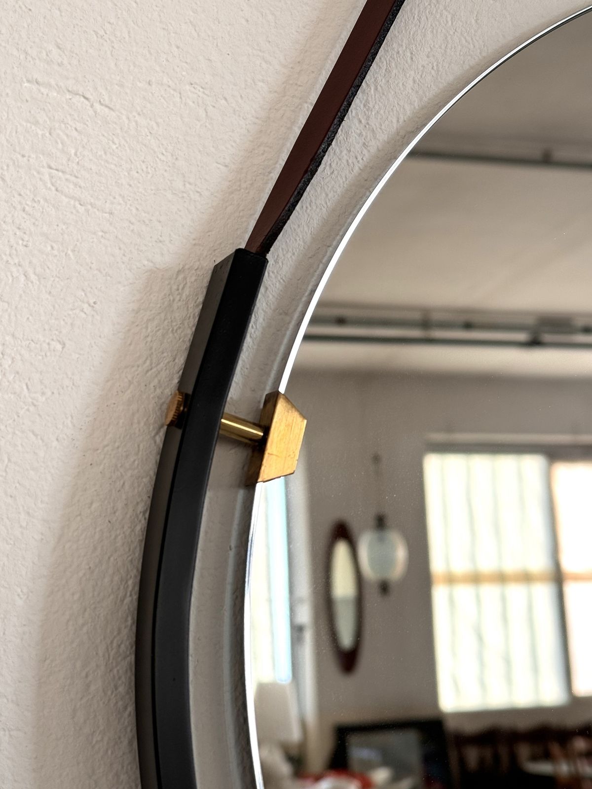 photo for sale Italian Floating Wall Mirror With Leather Strap And Brass Details, 1960s