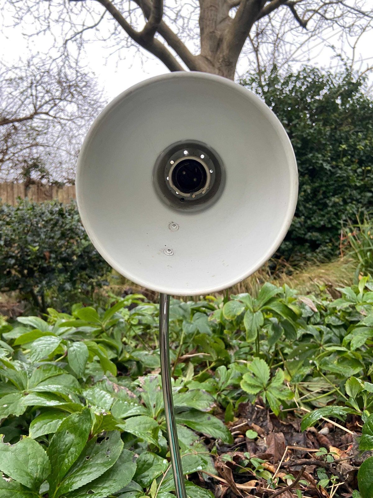 Authentic Mid Century Desk Lamp In White And Silver Metal. Quality Retro Desk Or Study Lamp. photo for sale
