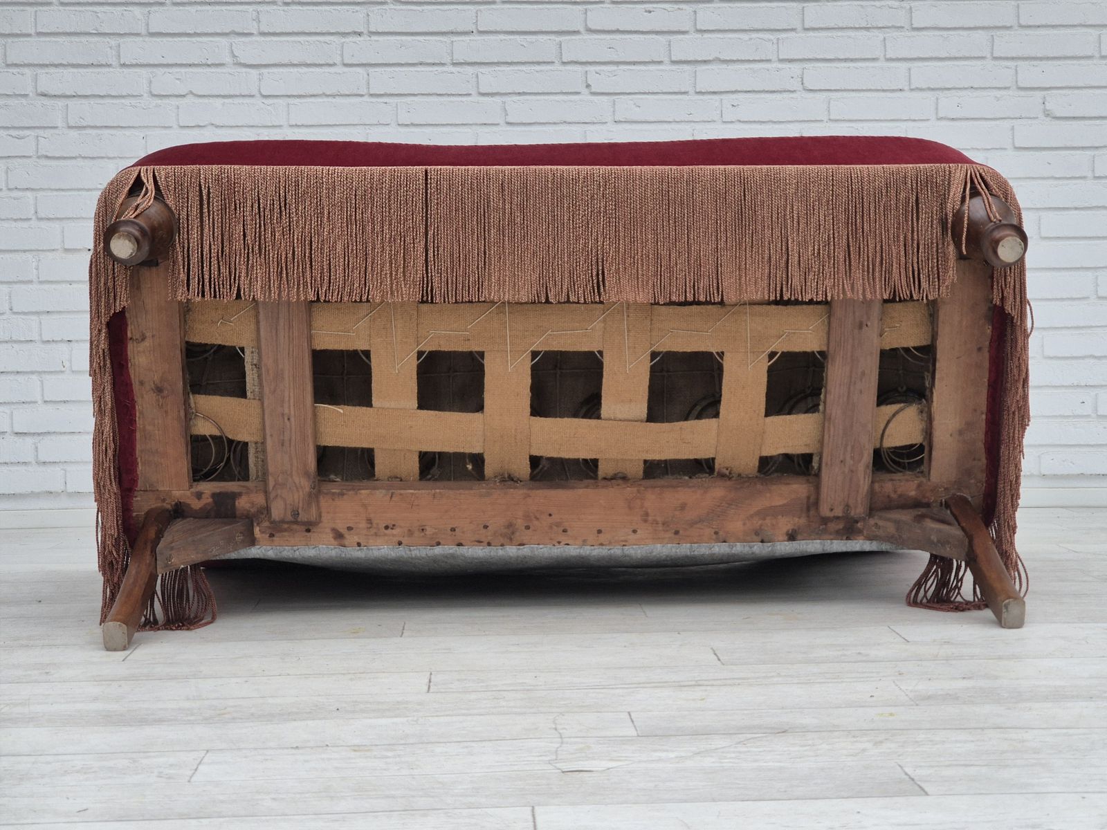 1950s, Danish 2 Seater Sofa, Cherry Red Furniture Velour, Ash Wood. photo furniture