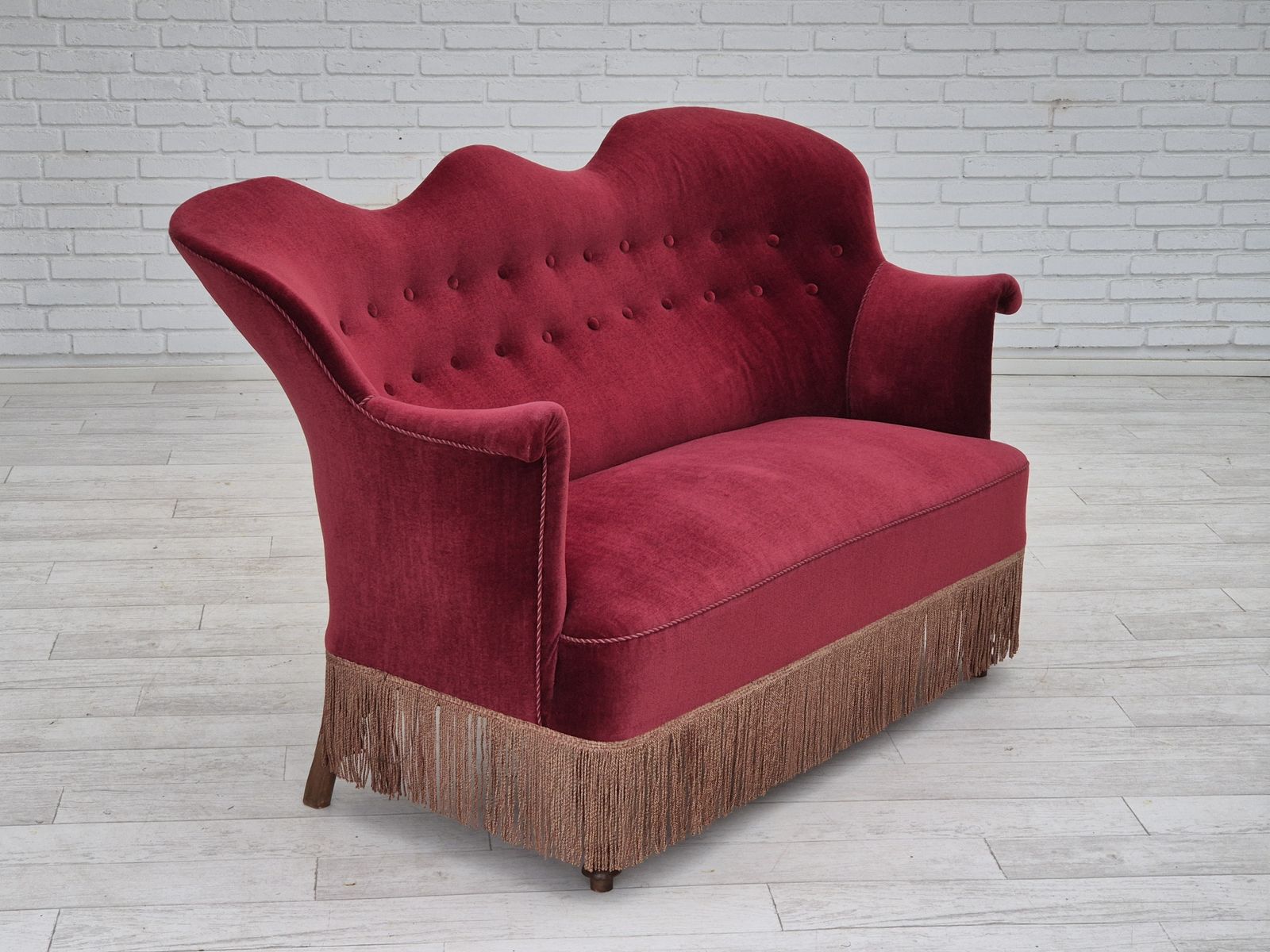 photo furniture 1950s, Danish 2 Seater Sofa, Cherry Red Furniture Velour, Ash Wood.