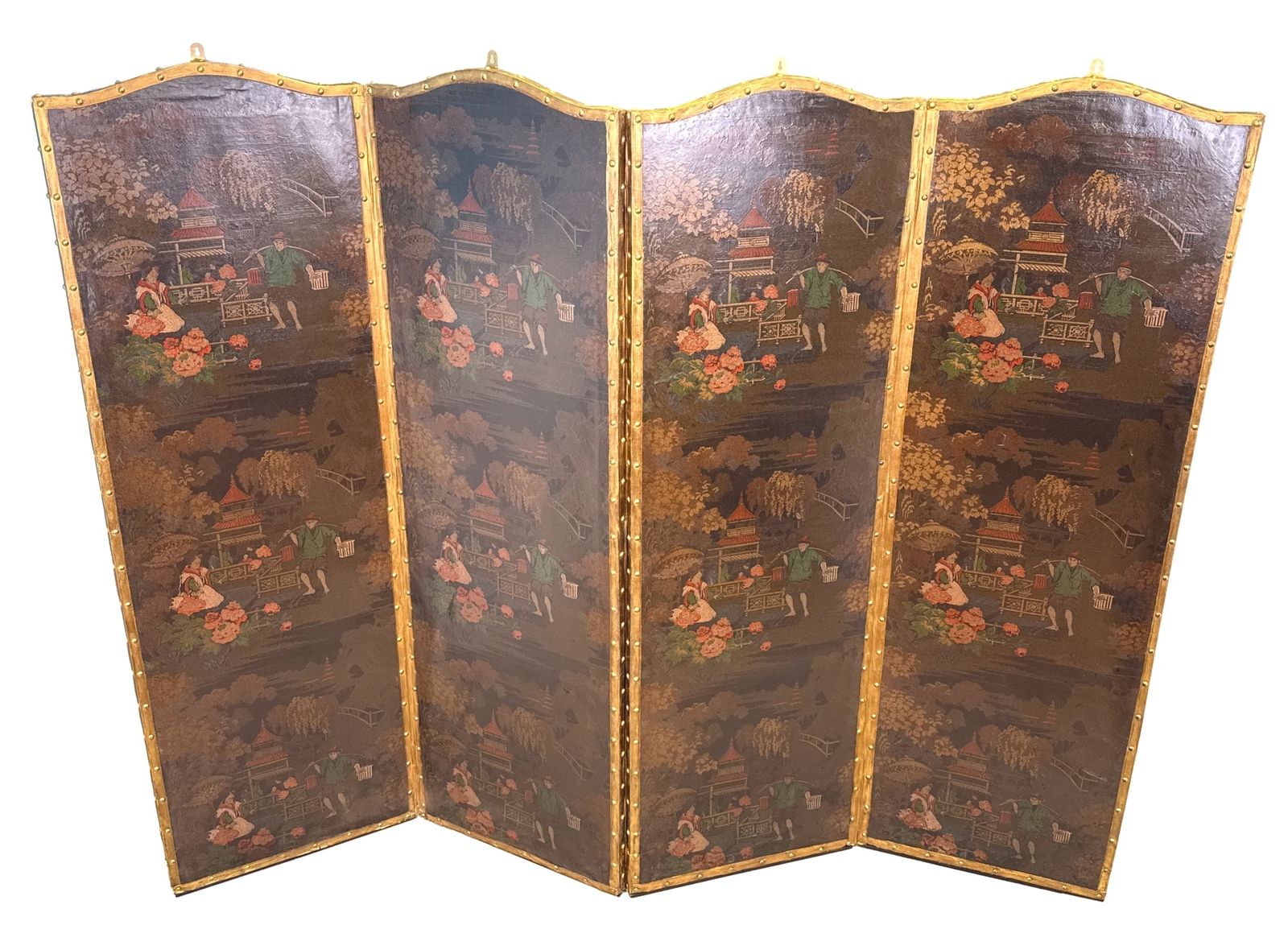 Four Fold 19th Century Chinoiserie Leather Screen (England, Circa 1890) photo vinterior