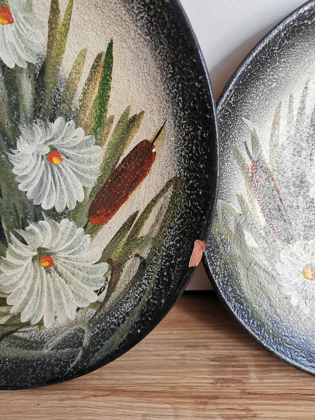 Set Of 3 Vintage Clay Wall Hanging Plates / Hand Painted Still Life Swamp Plants And White Flowers / 1970s Yugoslavia / Hand Made Home Decor photo for sale