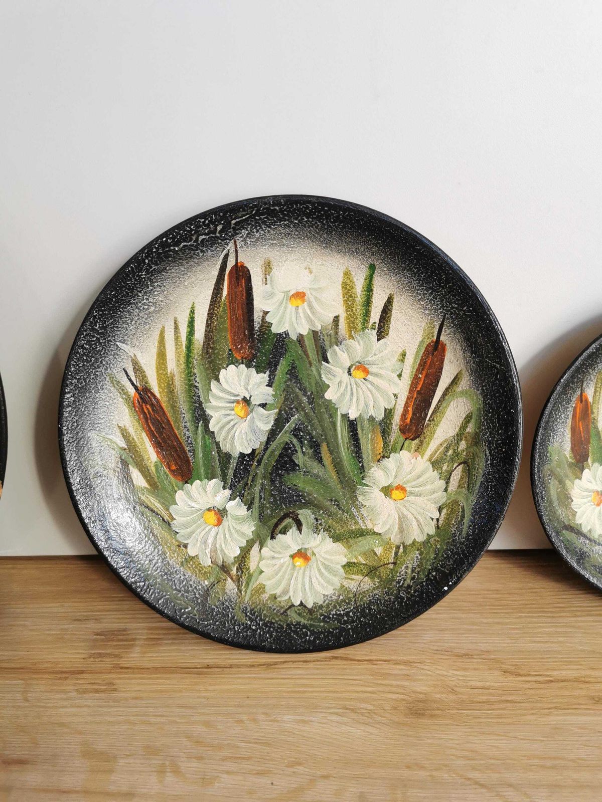 Set Of 3 Vintage Clay Wall Hanging Plates / Hand Painted Still Life Swamp Plants And White Flowers / 1970s Yugoslavia / Hand Made Home Decor photo Art