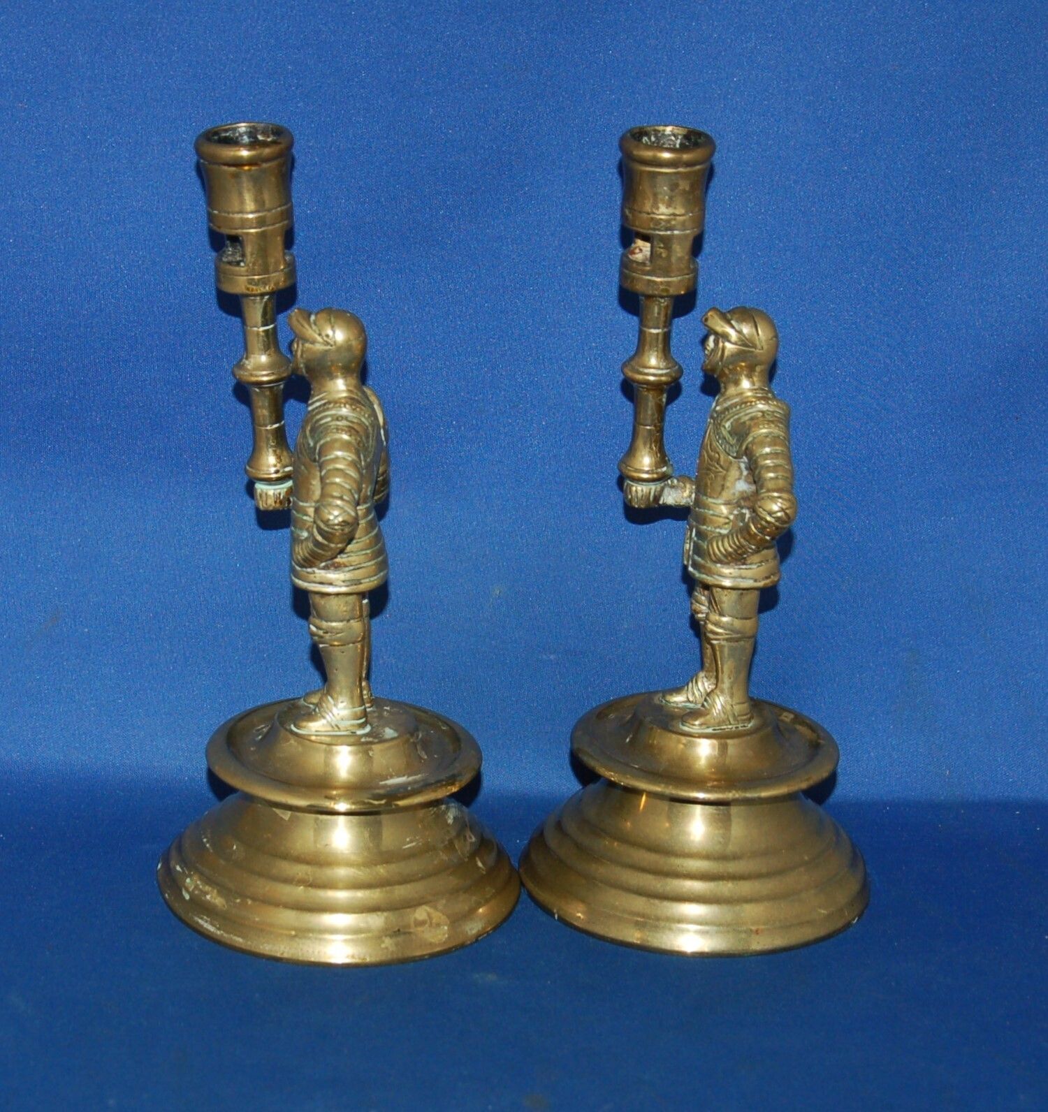 A Rare Pair Of Antique Brass Medieval Knight Candlesticks, 8.7 " Height, photo furniture