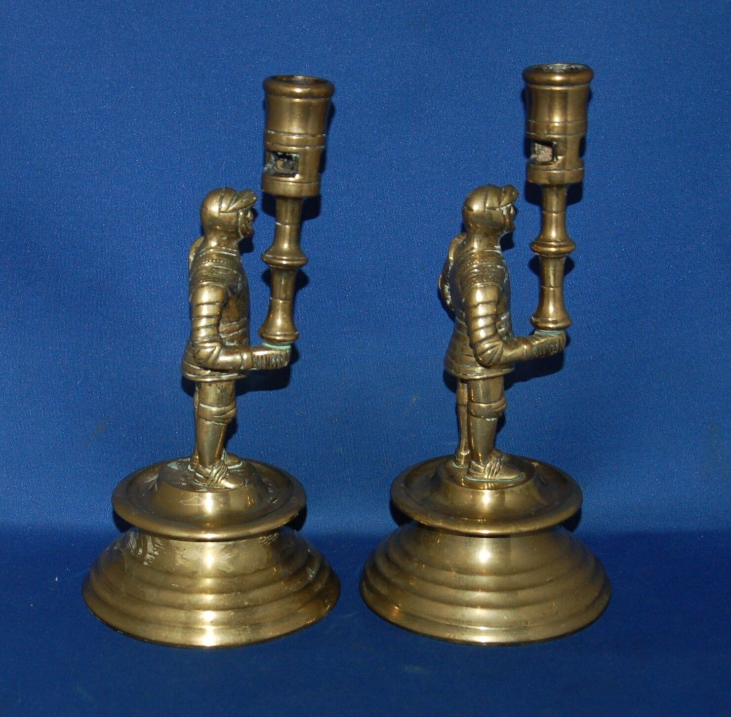 A Rare Pair Of Antique Brass Medieval Knight Candlesticks, 8.7 " Height, photo Home Decor