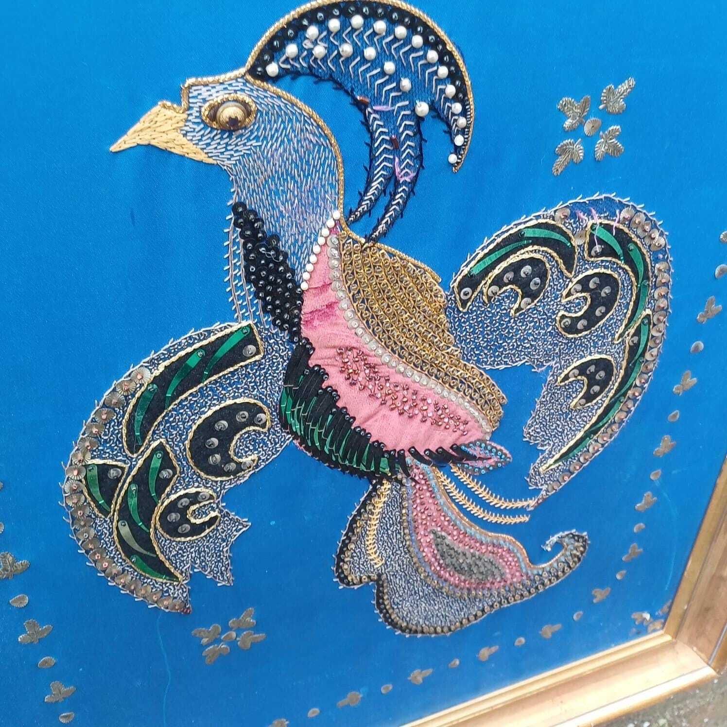 Bird Of Paradise / Chakora Vintage Collage, Needlepoint And Mixed Media Picture   Stunning Craft Work   In Vintage Gold Frame 58cm X 71cm photo furniture