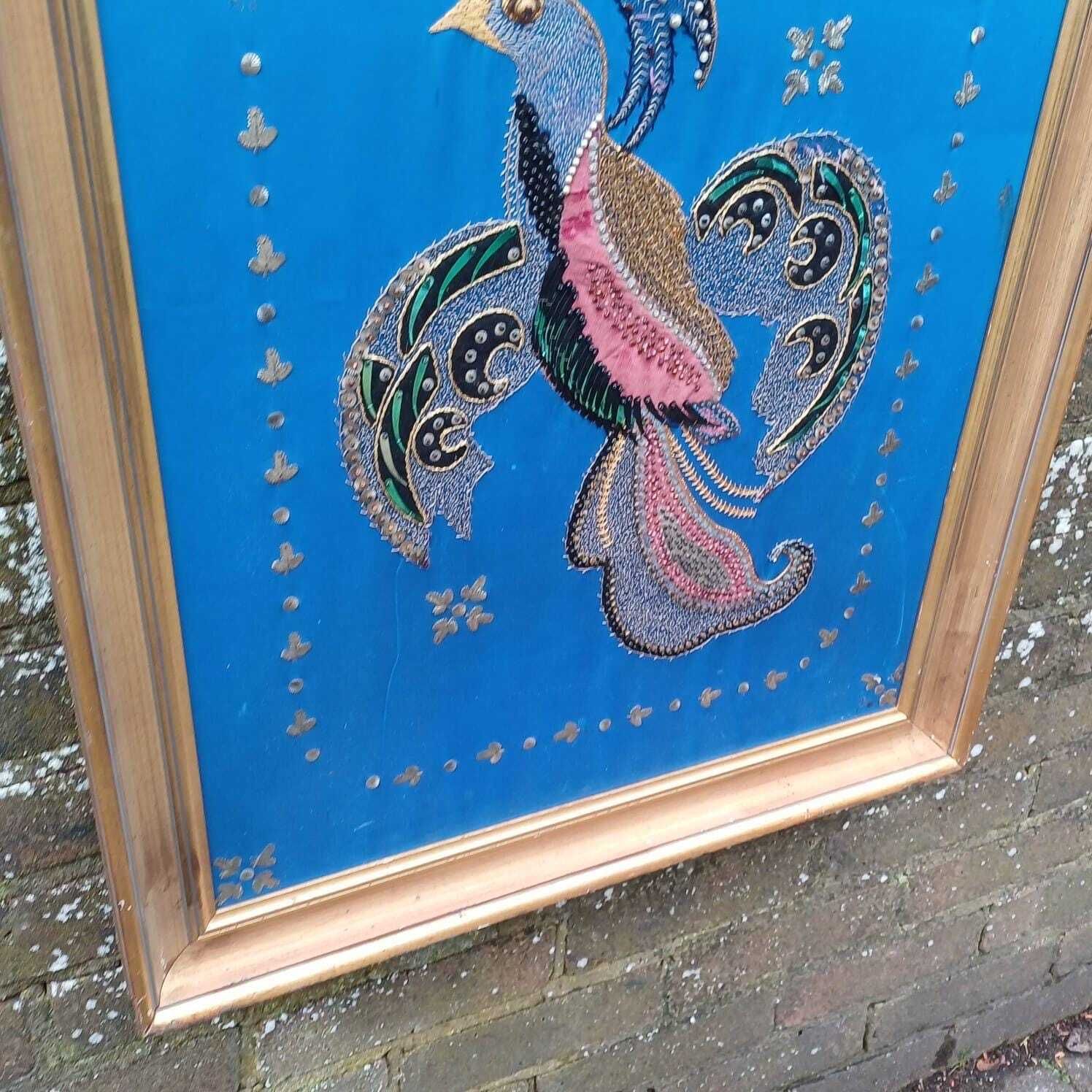 Bird Of Paradise / Chakora Vintage Collage, Needlepoint And Mixed Media Picture   Stunning Craft Work   In Vintage Gold Frame 58cm X 71cm photo 85.0