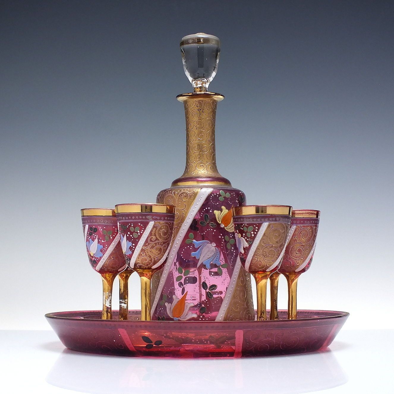 Rare Antique Bohemian Hand Enamelled Glass Liquor Bar Set C1900