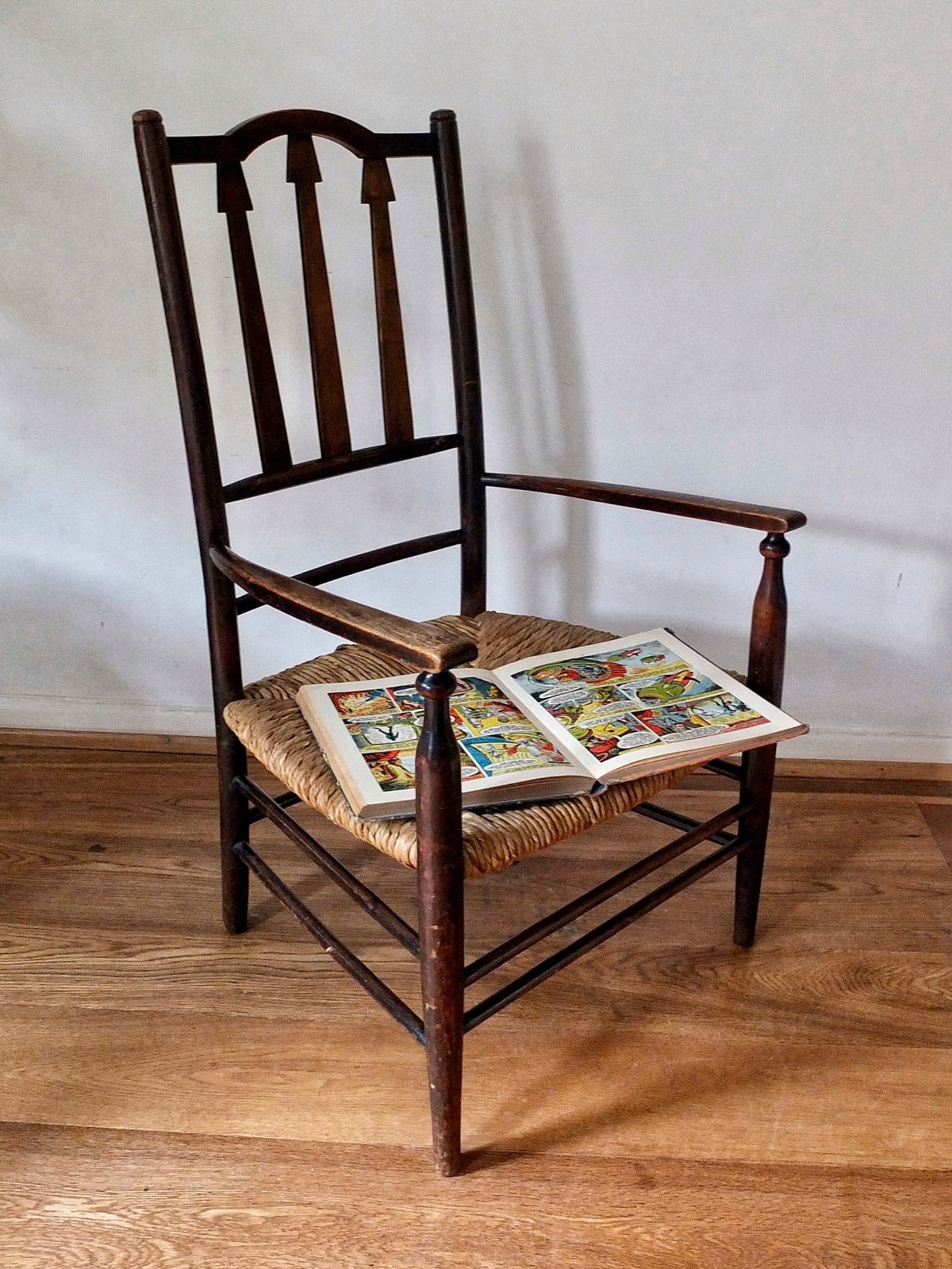 A Gorgeous Antique Arrow Back Wooden Childs Chair photo for sale