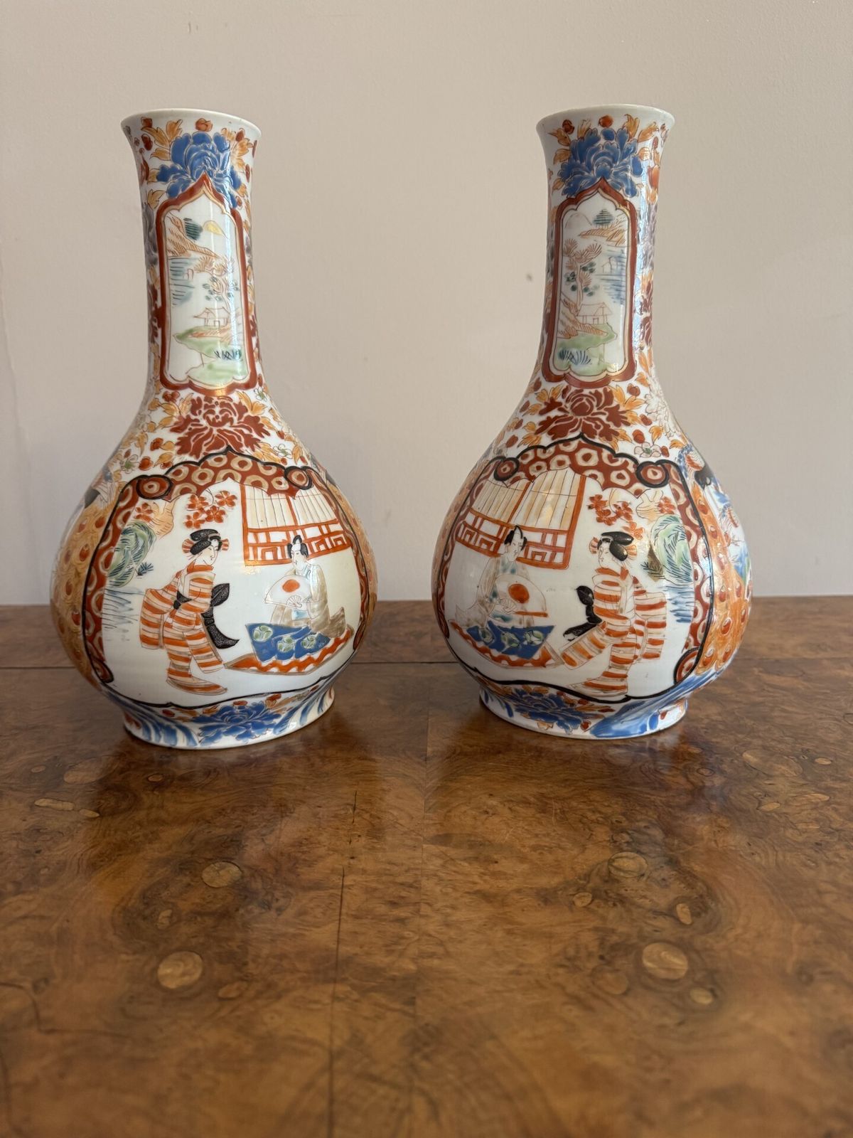 Fine Quality Pair Of Antique Japanese Imari Bottle Shaped Vases photo vinterior