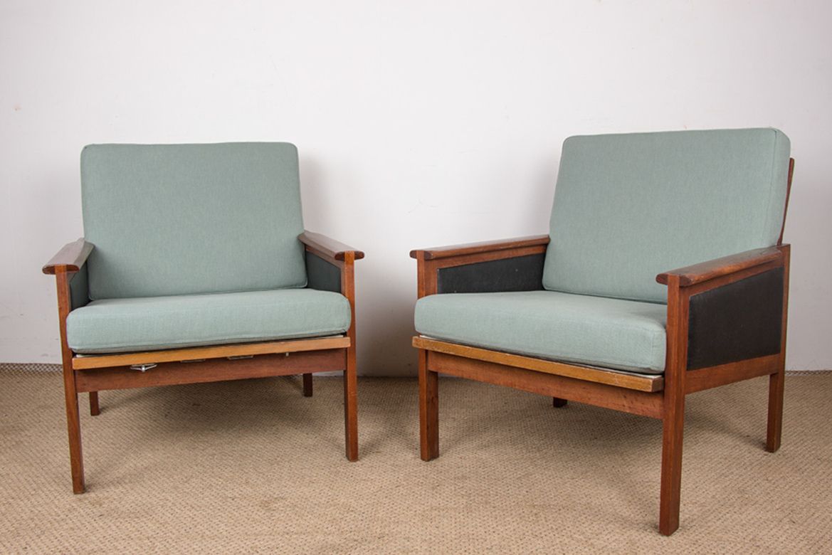 2750.0 Paire de fauteuils danois en teck, tissu et cuir, modèle N°4 Capella, Illum Wikkelsø pour Niels Eilersen, 1960 photo