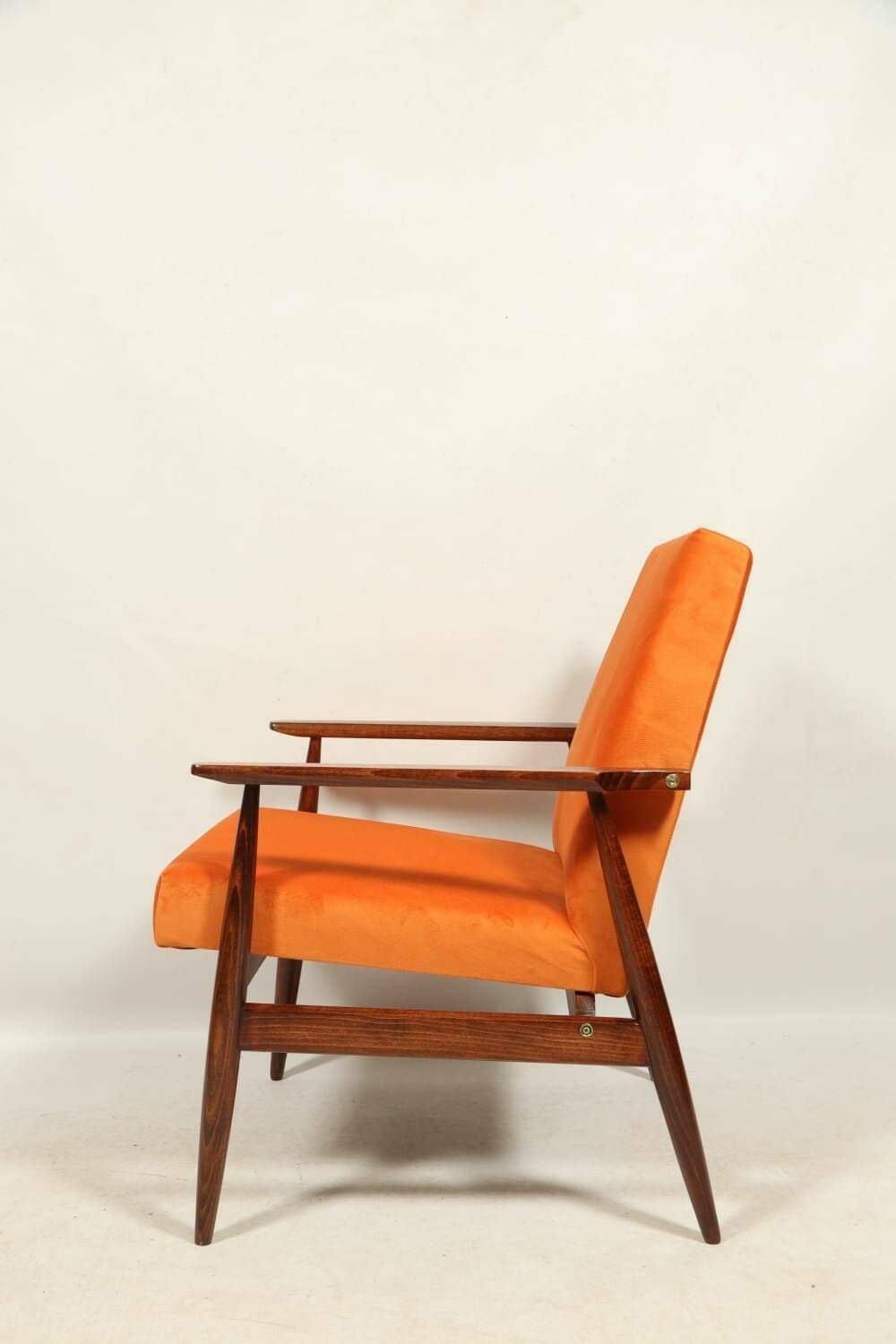 Vintage Armchair Juice Orange Velvet Brown Wood Scandinavian Lounge Chair