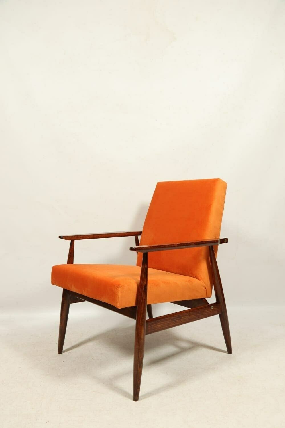 Vintage Armchair Juice Orange Velvet Brown Wood Scandinavian Lounge Chair photo furniture
