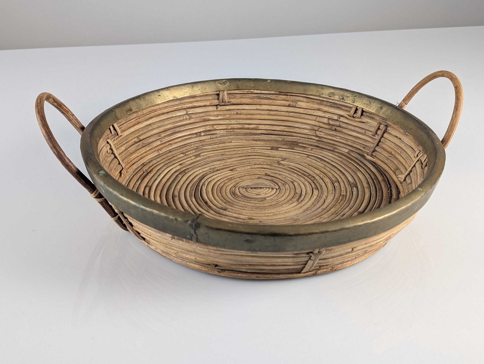 Rattan And Brass Centerpiece Basket With Handles Gabriella Crespi 1970s Style photo for sale