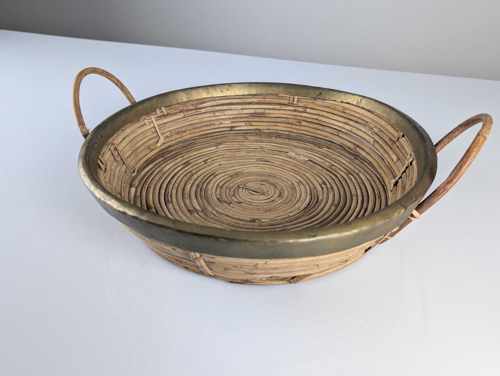 Rattan And Brass Centerpiece Basket With Handles Gabriella Crespi 1970s Style photo vintage