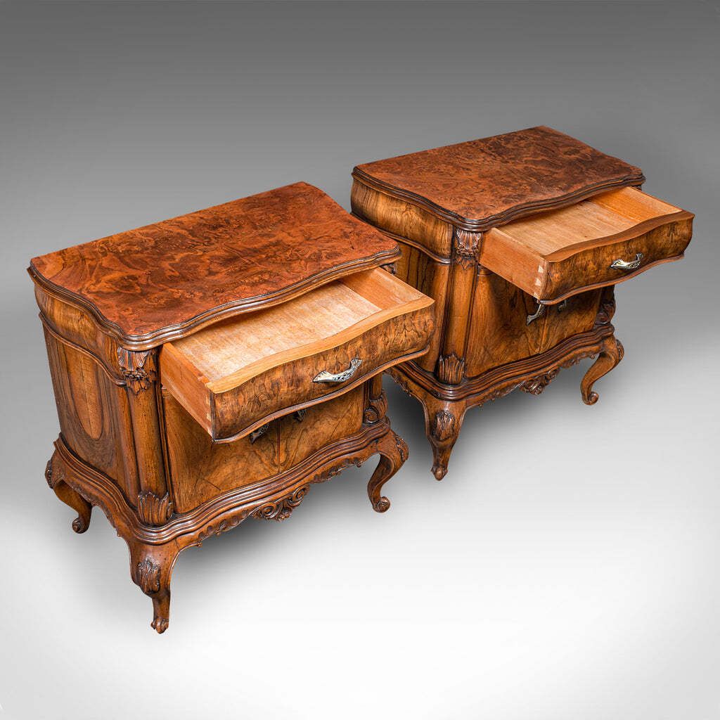 Pair Of Vintage Bedside Cabinets, Italian, Walnut, Bedroom Nightstand, Rococo photo vintage