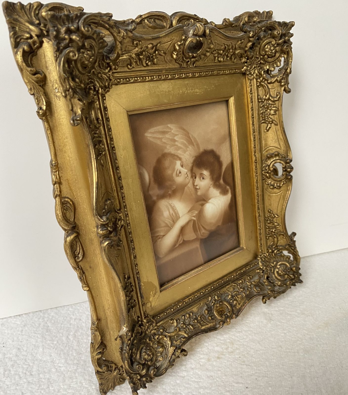 A Lovely Double Gilded Framed Miniature With An Early Sepia Print Of Angels. photo for sale