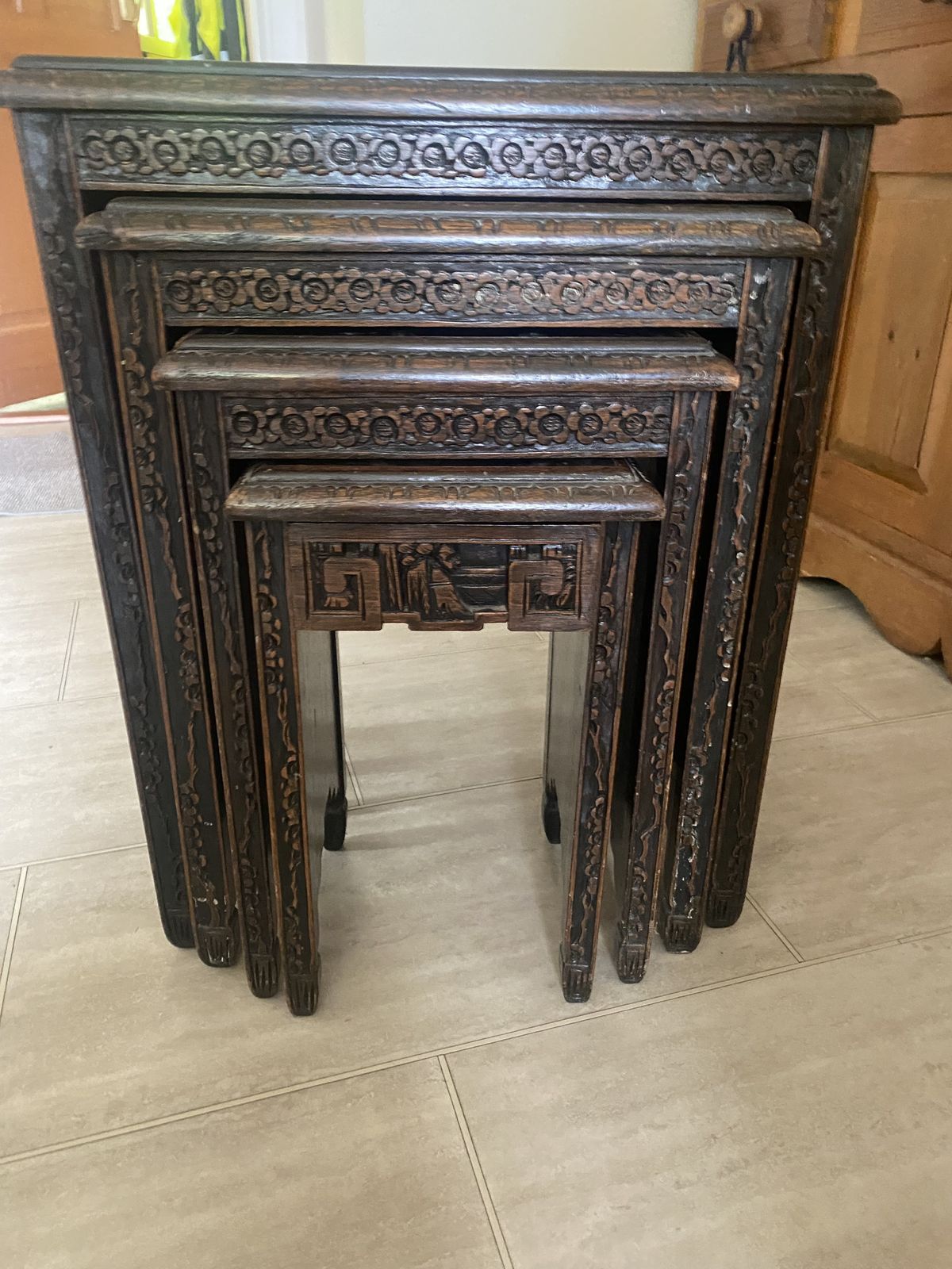 Oriental Carved Dark Wood Nest Of Tables photo furniture