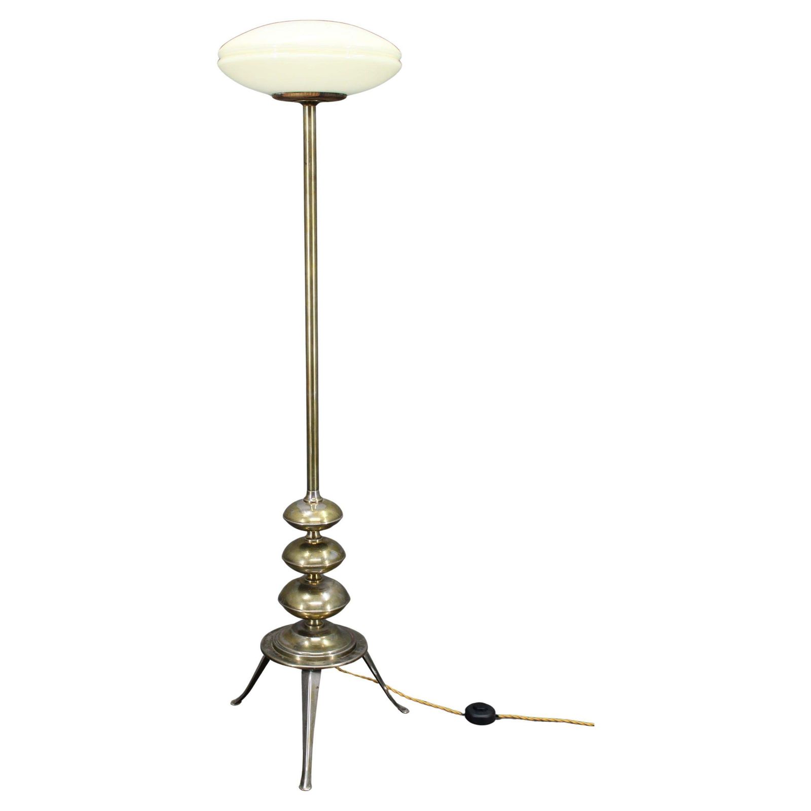 1940s Restored Floor Lamp In Brass Finish With  Glass Shade