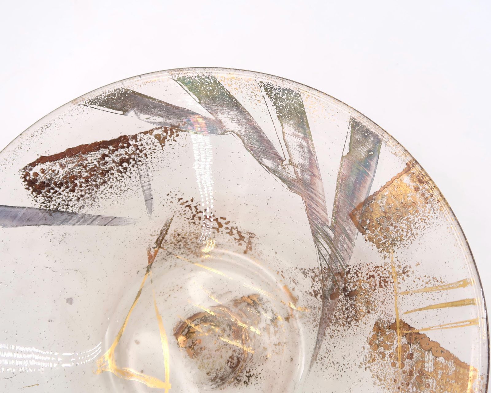Frans Kunstglas Schaal Met Goud En Zilver Abstract Decor Door Jean Paul Van Lith, Biot Jaren 1980 / Minimalistisch Ringschaaltje photo Woonaccessoires