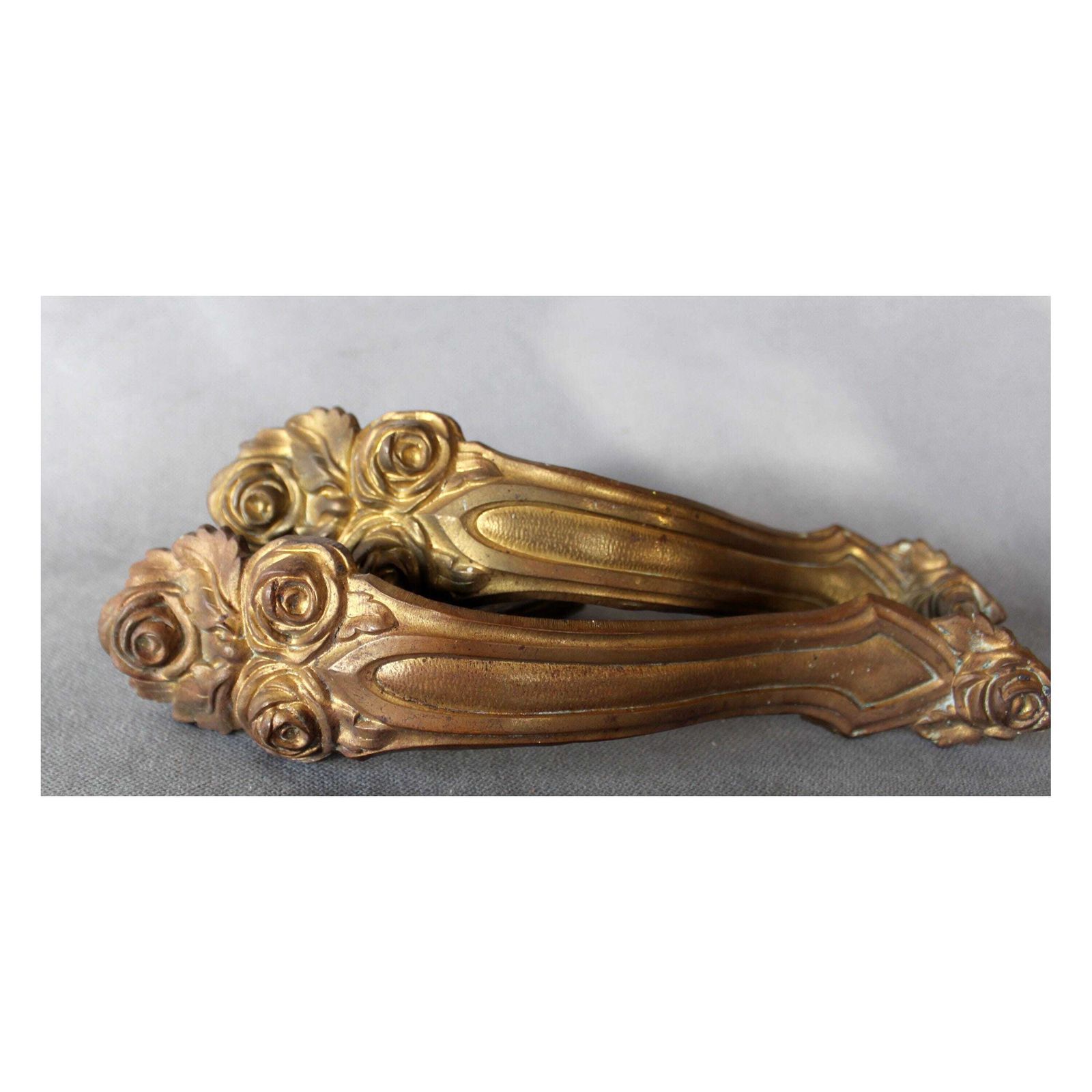 2 Antique Bronze French Empire Regency Gilt Curtain Tiebacks, Tie Backs, Cast Holdback, Bouquet Of Flowers, Curtain Holder Brackets, Ends