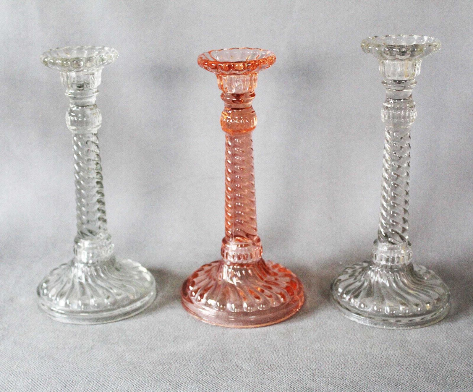 Three Art Deco Pressed Glass Candlestick Holder, Clear And Pink Rosaline Candle Holder, Scailmont Or Durover Belgium, Twisted Design photo Home Decor