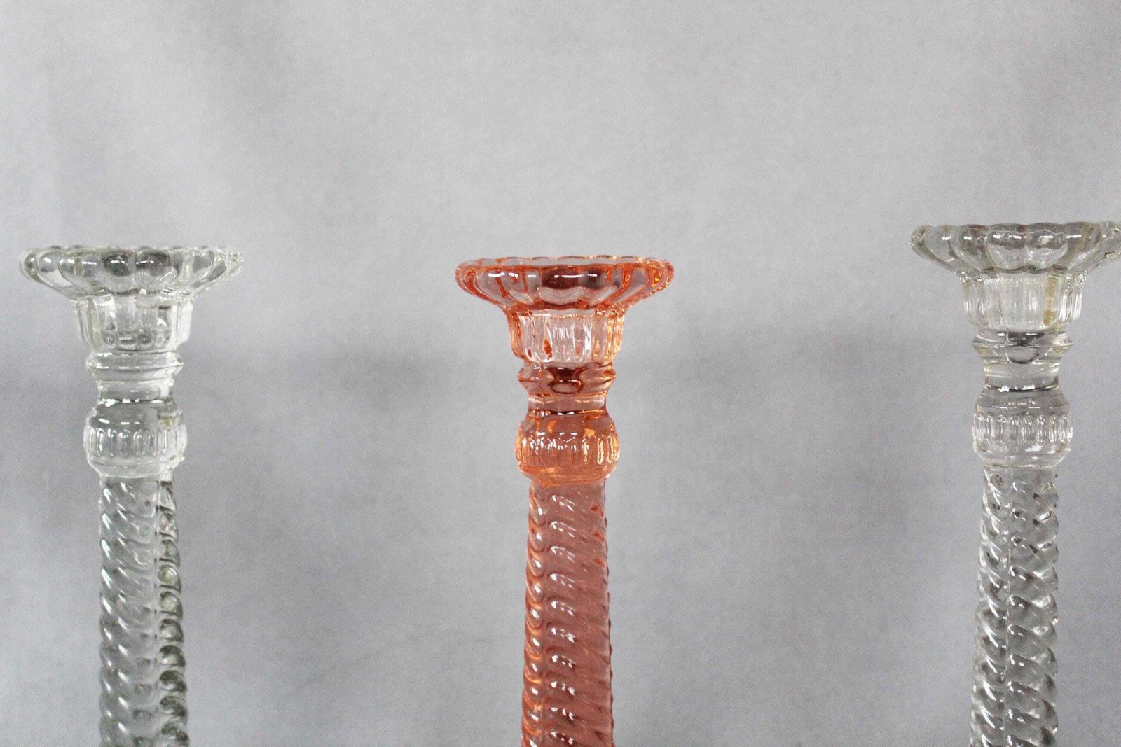 Three Art Deco Pressed Glass Candlestick Holder, Clear And Pink Rosaline Candle Holder, Scailmont Or Durover Belgium, Twisted Design photo buy