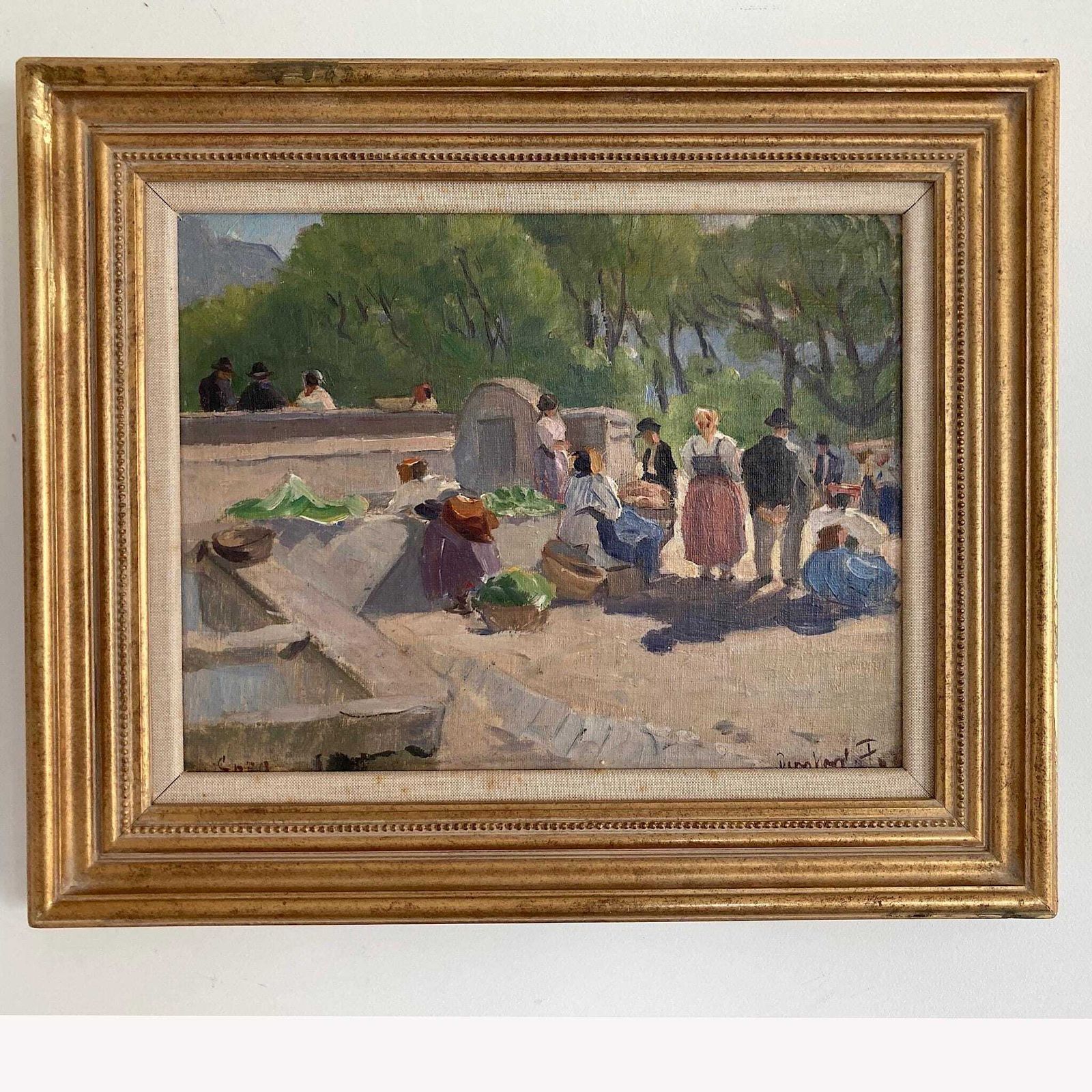 Sunlit Town Square Antique Original Oil On Canvas Impressionist Painting In A Southern European Setting photo vintage