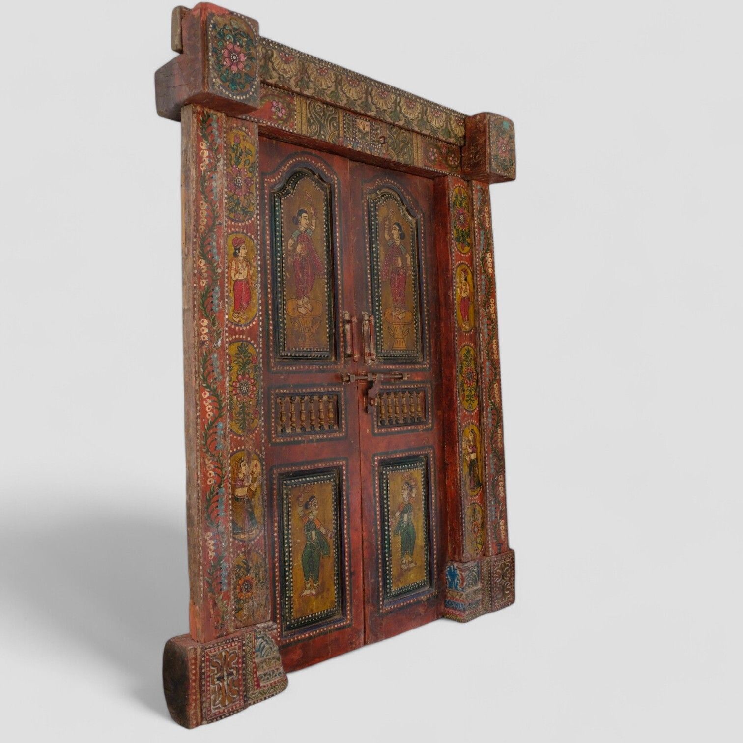 Antique 18th Century Rajasthani Painted Door With Frame – Miniature Artwork, Lotus Carvings & Iron Bolt photo Home Fixtures