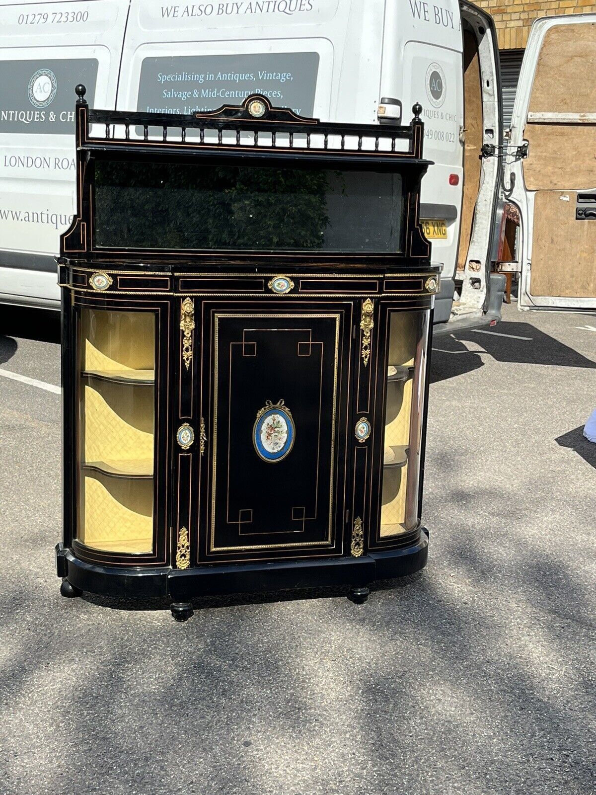 photo buy Victorian French Empire Credenza With French Porcelain Plaques And Ormolu.