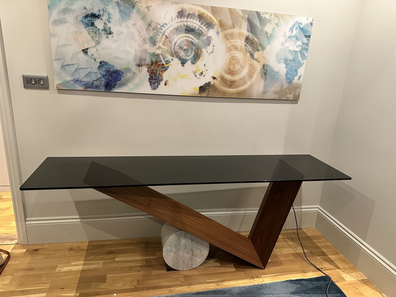 Valentino Console In Walnut, Carrara Marble And Smoked Glass