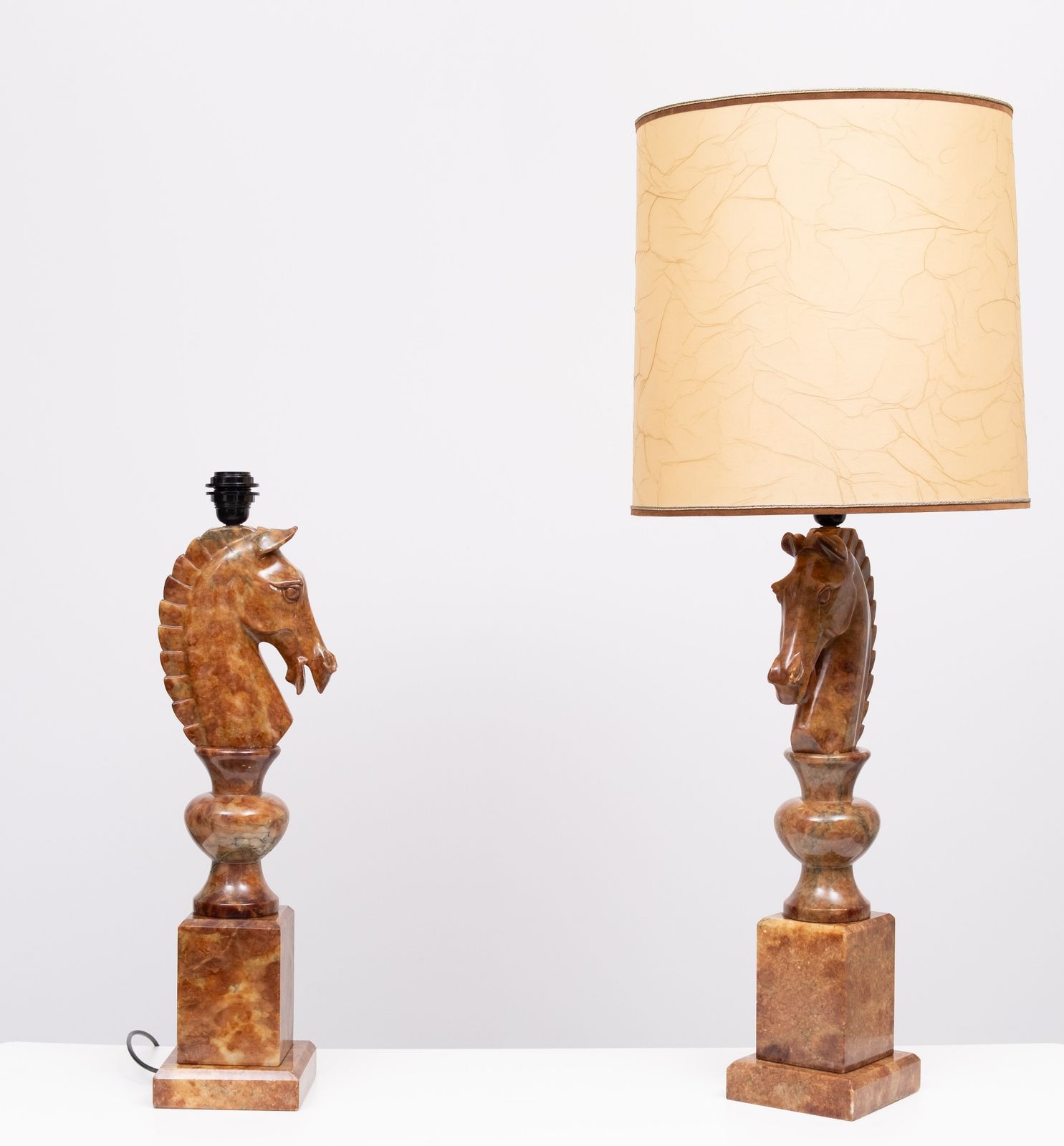 Large Horse Head Chess Knights Carved Alabaster Lamps Italy 1960s photo furniture