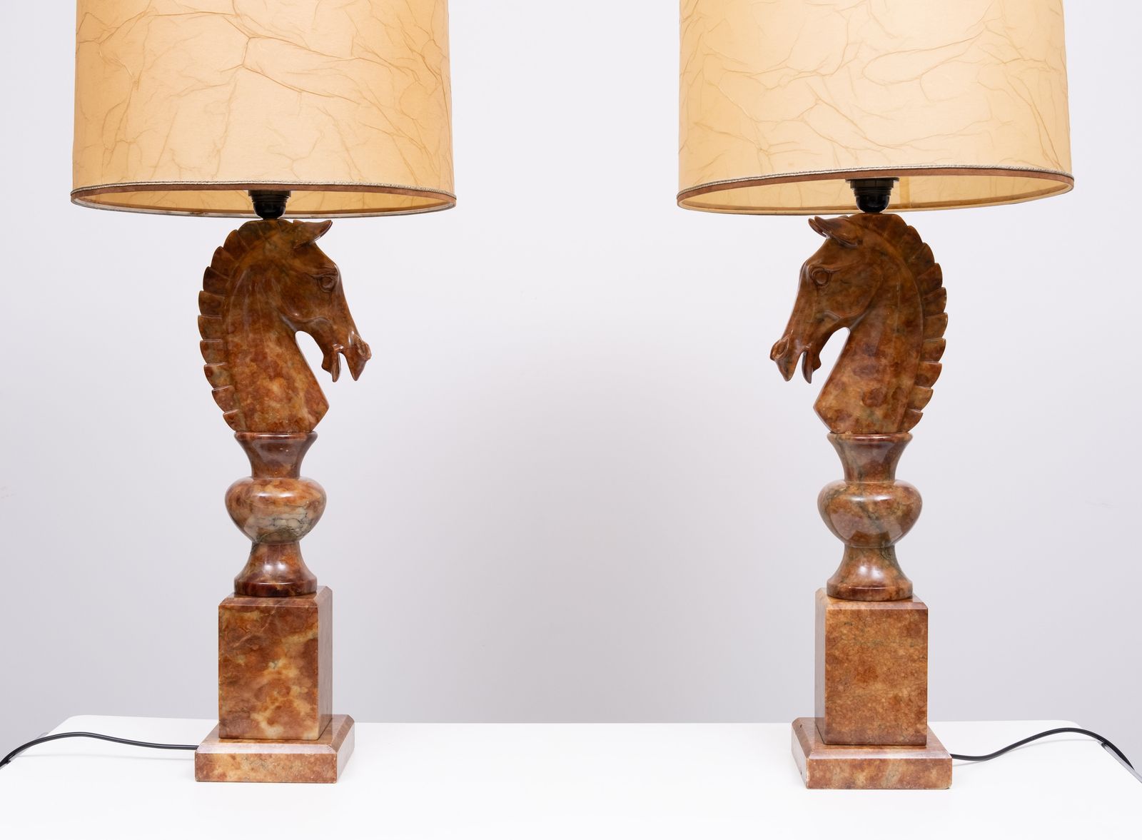 photo furniture Large Horse Head Chess Knights Carved Alabaster Lamps Italy 1960s