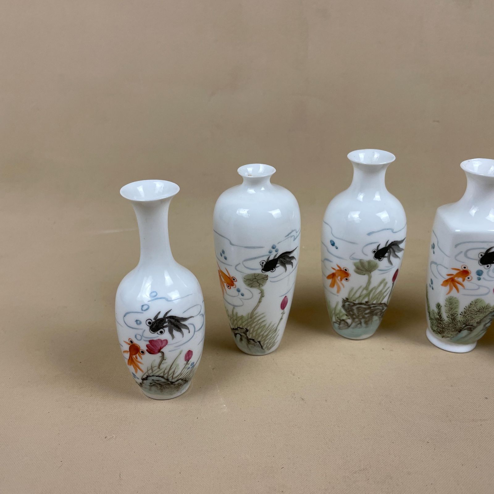 Set Of 5 Miniature Oriental Chinese Ceramic Porcelain Hand Painted Vase Small Floral Decorative Pot Antique Asian White Fish Bone China photo for sale