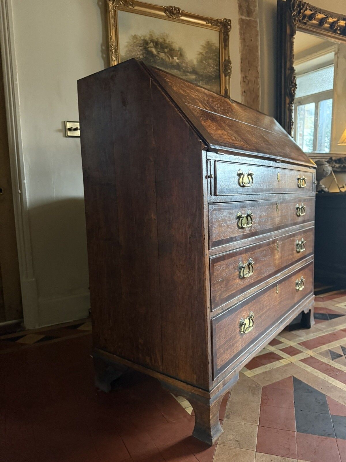 English Georgian Antique  Oak Bureau Writing Desk Chest Of Drawers Desk 1700's photo vinterior