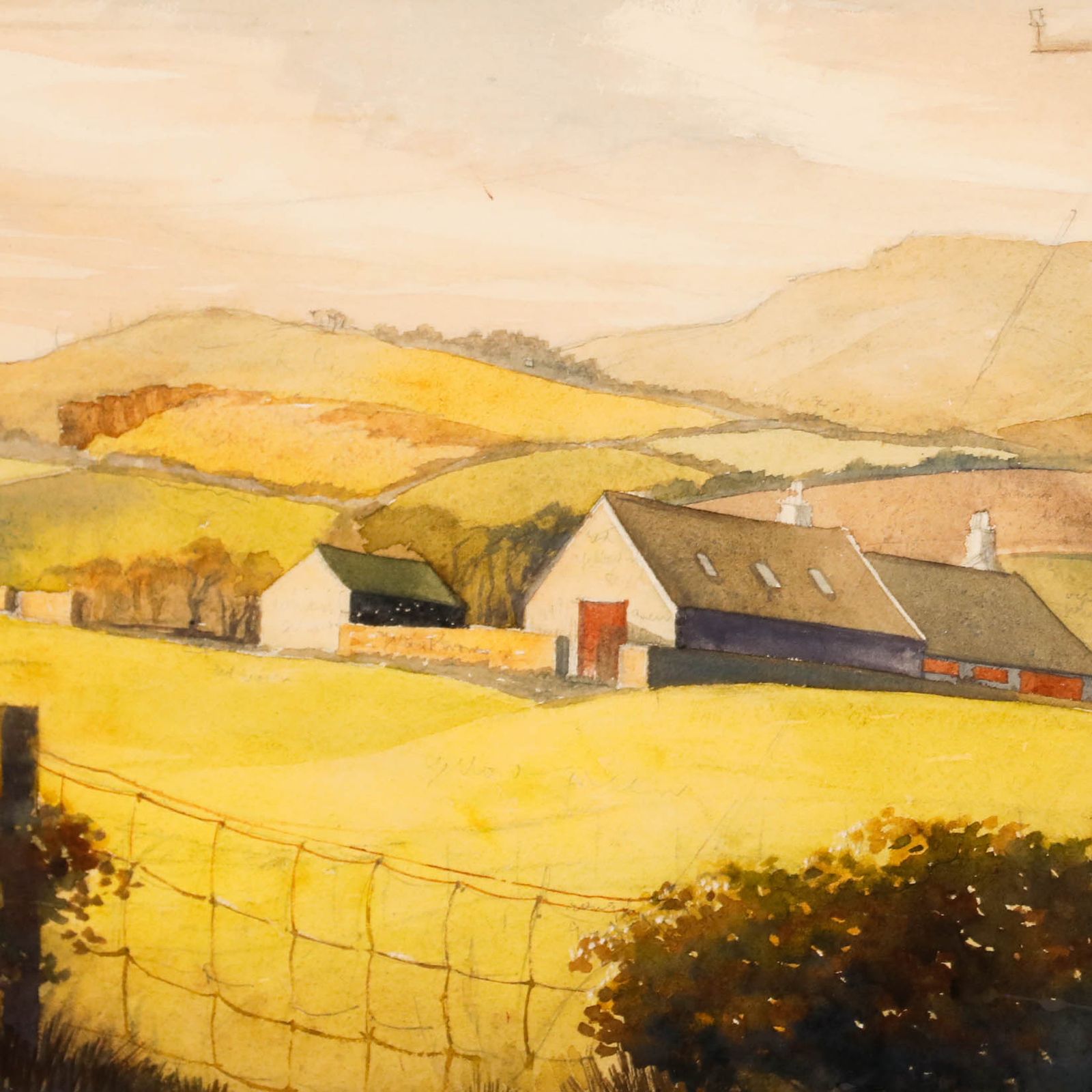 A. Strong  1969 Watercolour, Farmhouse In The Hills photo Art