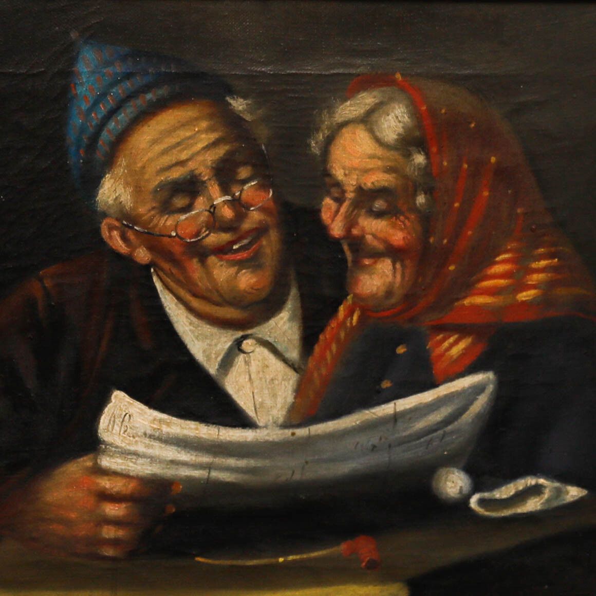 Italian School Early 20th Century Oil Old Couple Reading photo Art